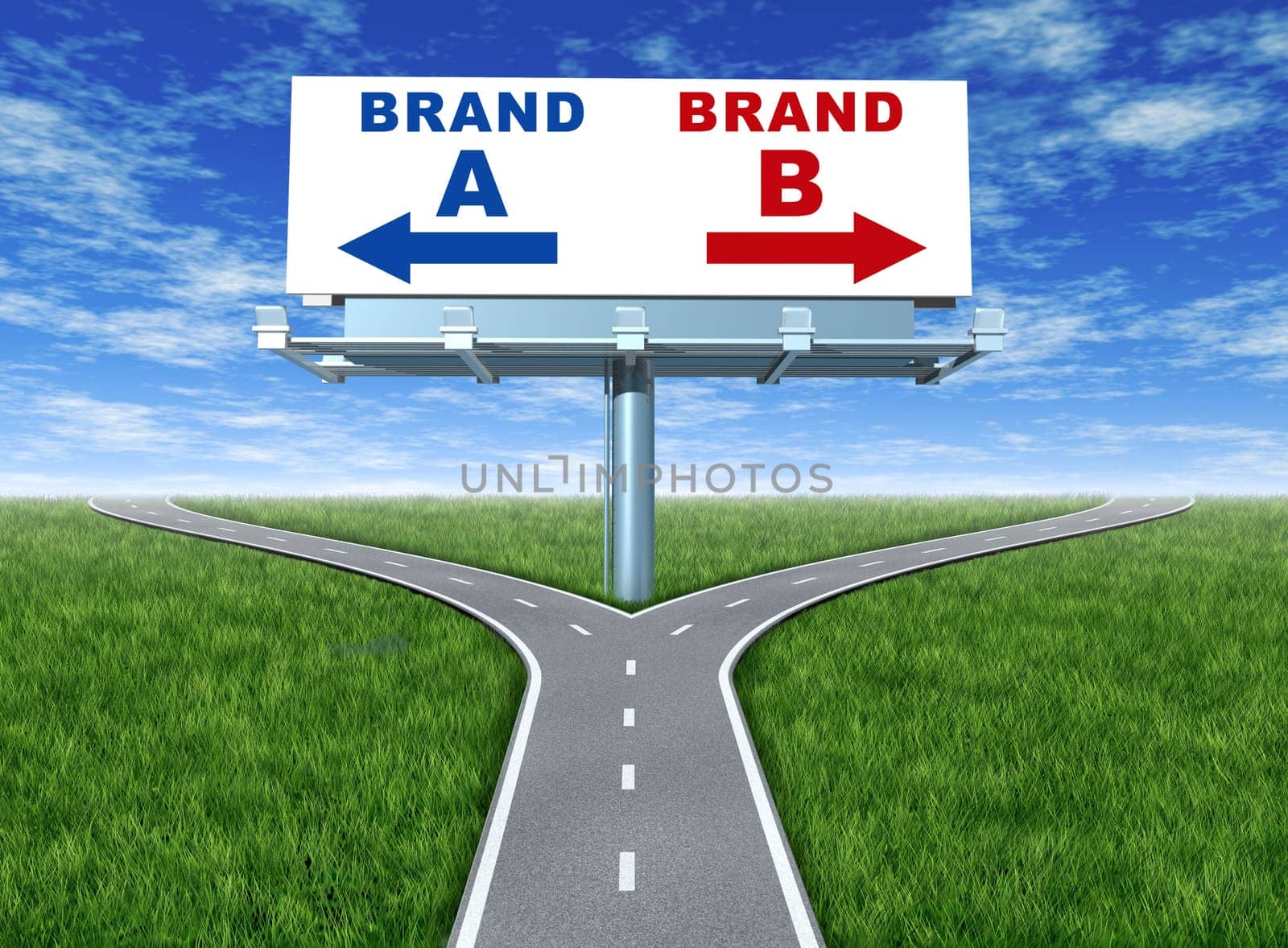 Choosing brands and branding loyalty represented by a horizontal billboard with a choice of brand a and brand b sitting on a cross roads with green grass and sky showing the concept of marketing and promotion.