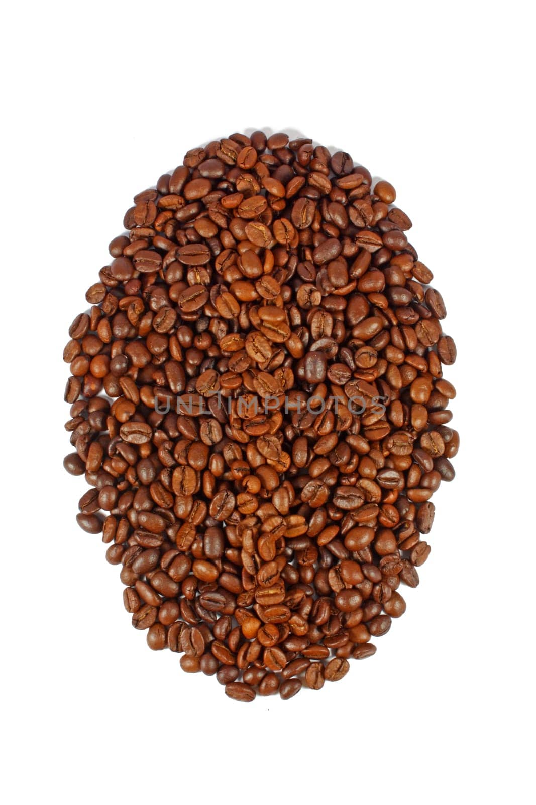 Big coffee bean made of many coffee beans isolated on white