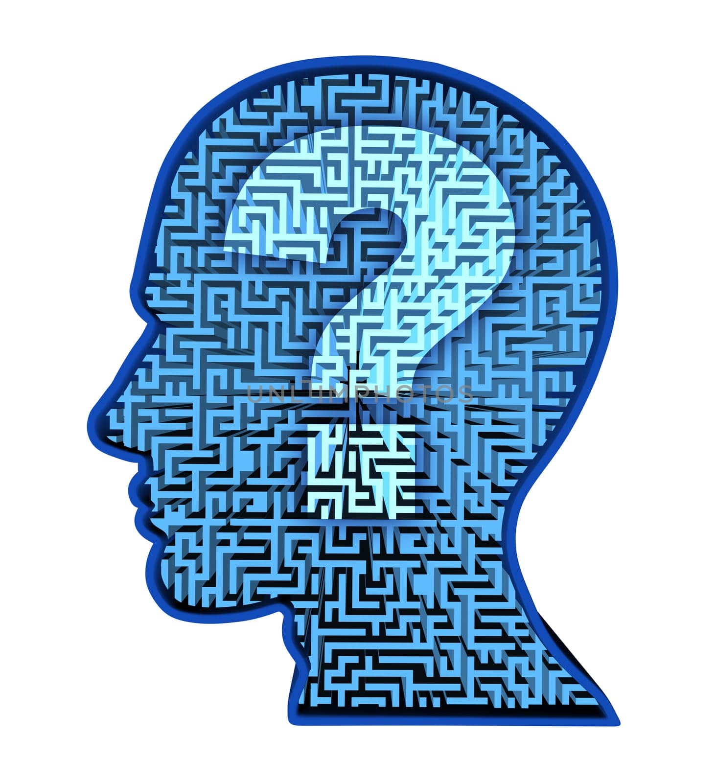 Human brain research and intelligence puzzle with a blue glowing maze and labyrinth in the shape of a human head and question mark as a symbol of the complexity of thinking as a challenging problem to solve by medical doctors.