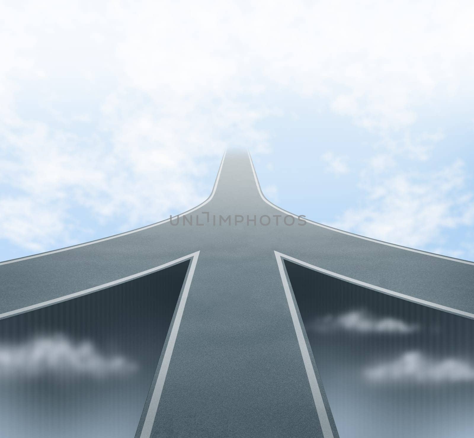 Corporate and business mergers featuring three roads merging into one focused path going into a vanishing point in the sky showing the concept of partnerships and teamwork sharing the same common vision and company philosophy.