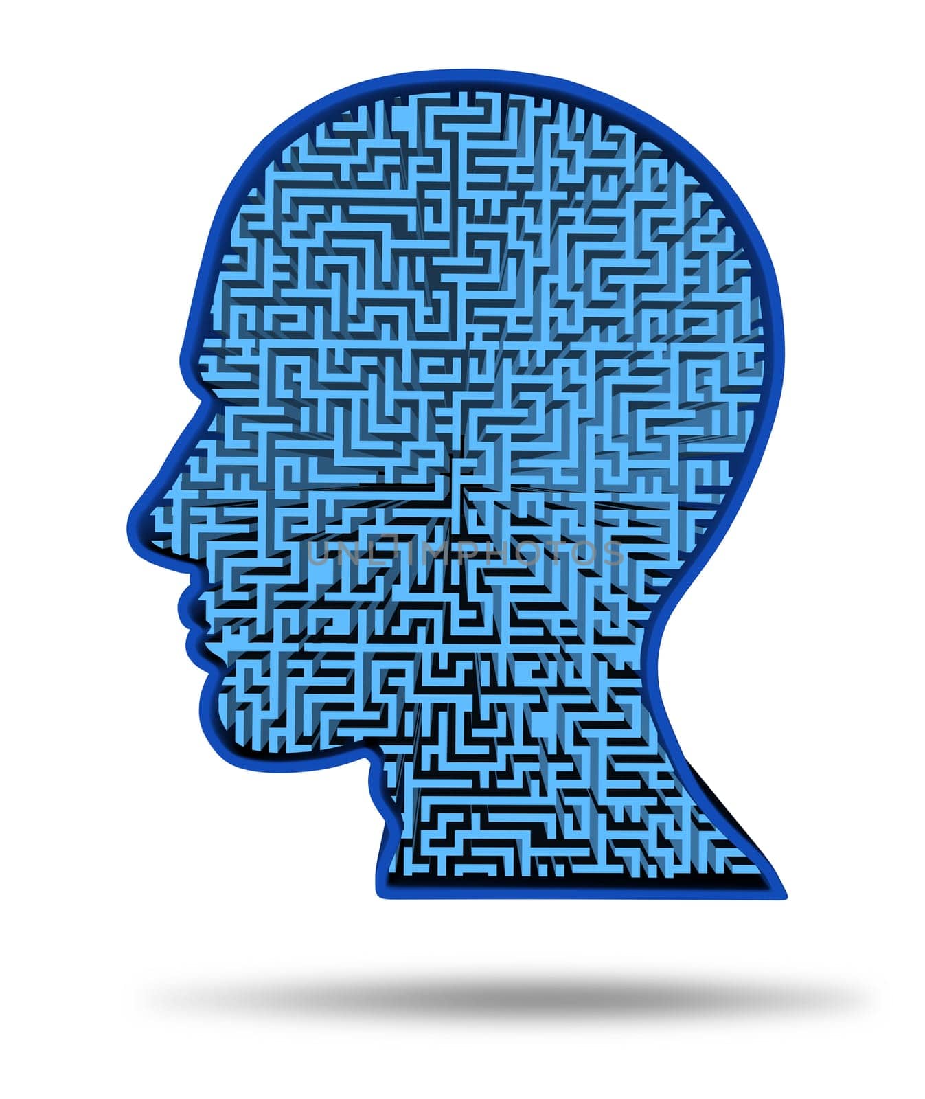 Finding a cure for a brain disease symbol with a maze and labyrinth in the shape of a human head as a concept of research into the complexity of brain thinking as a challenging problem to solve by medical doctors.