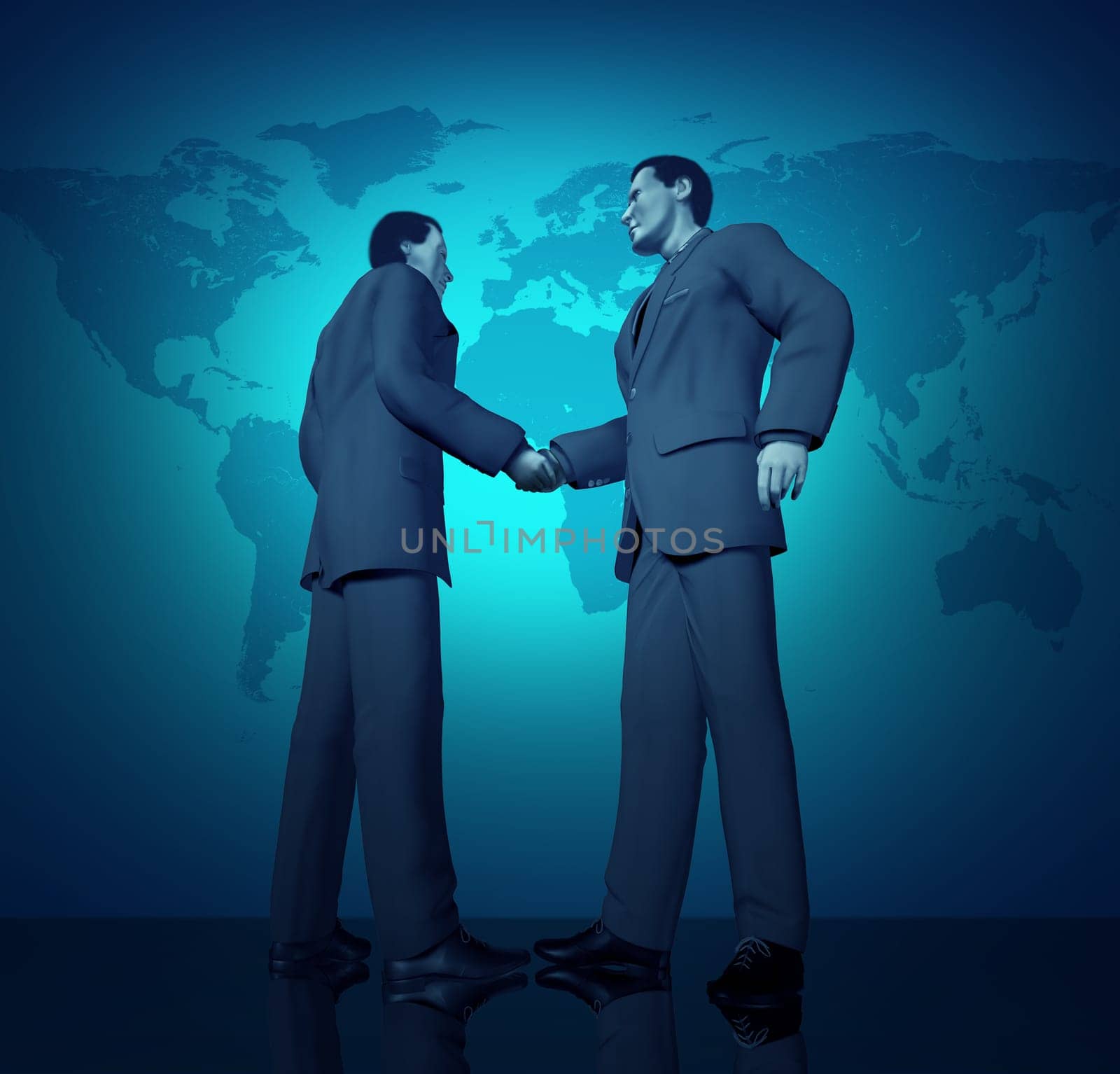 International business deal with a handshake between two buinessmen with a blue world map in the background representing partnerships connections and contract agreements.
