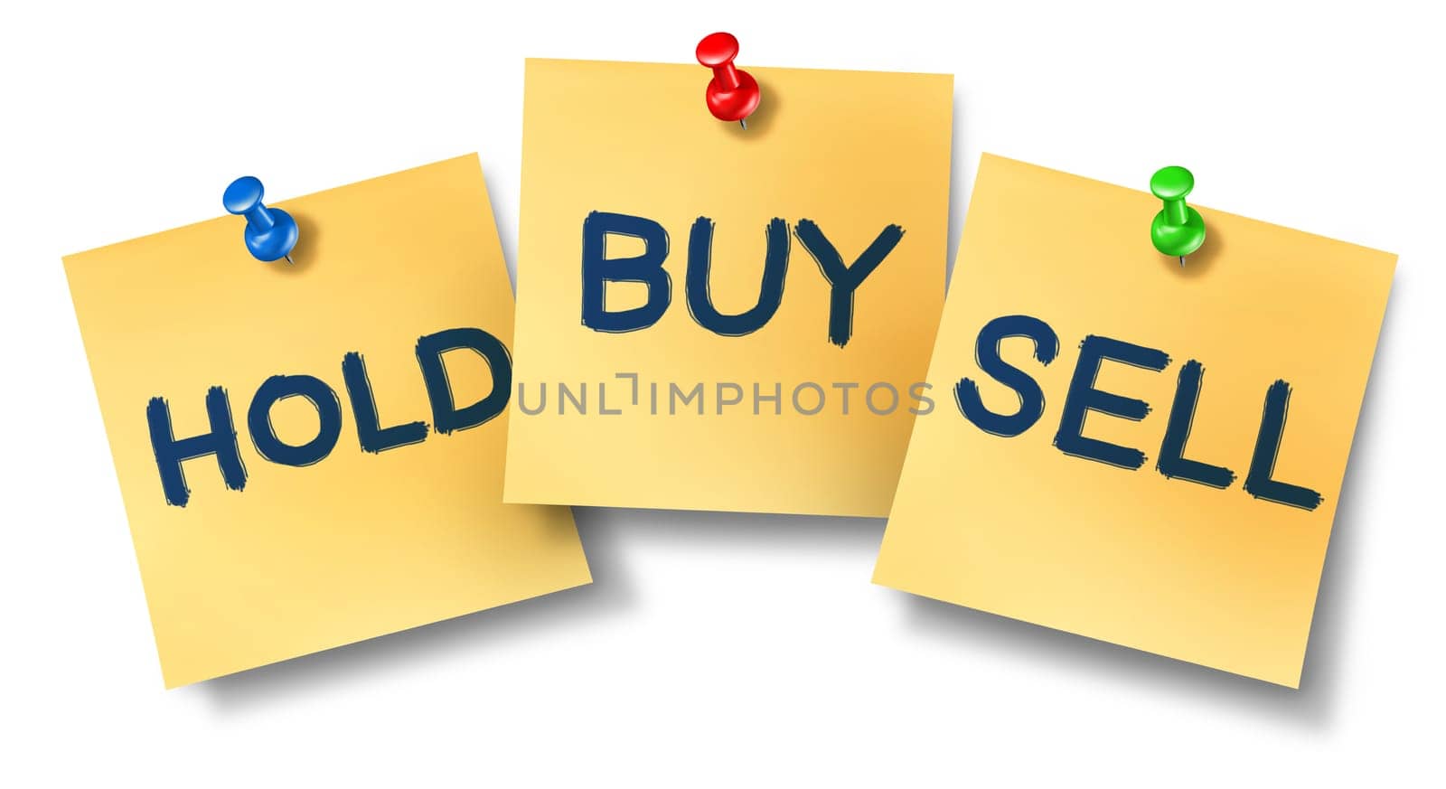Buy sell hold office notes representing the stock market exchange trading concept for wall street brokers and investors investing in equities or selling their company ownership.