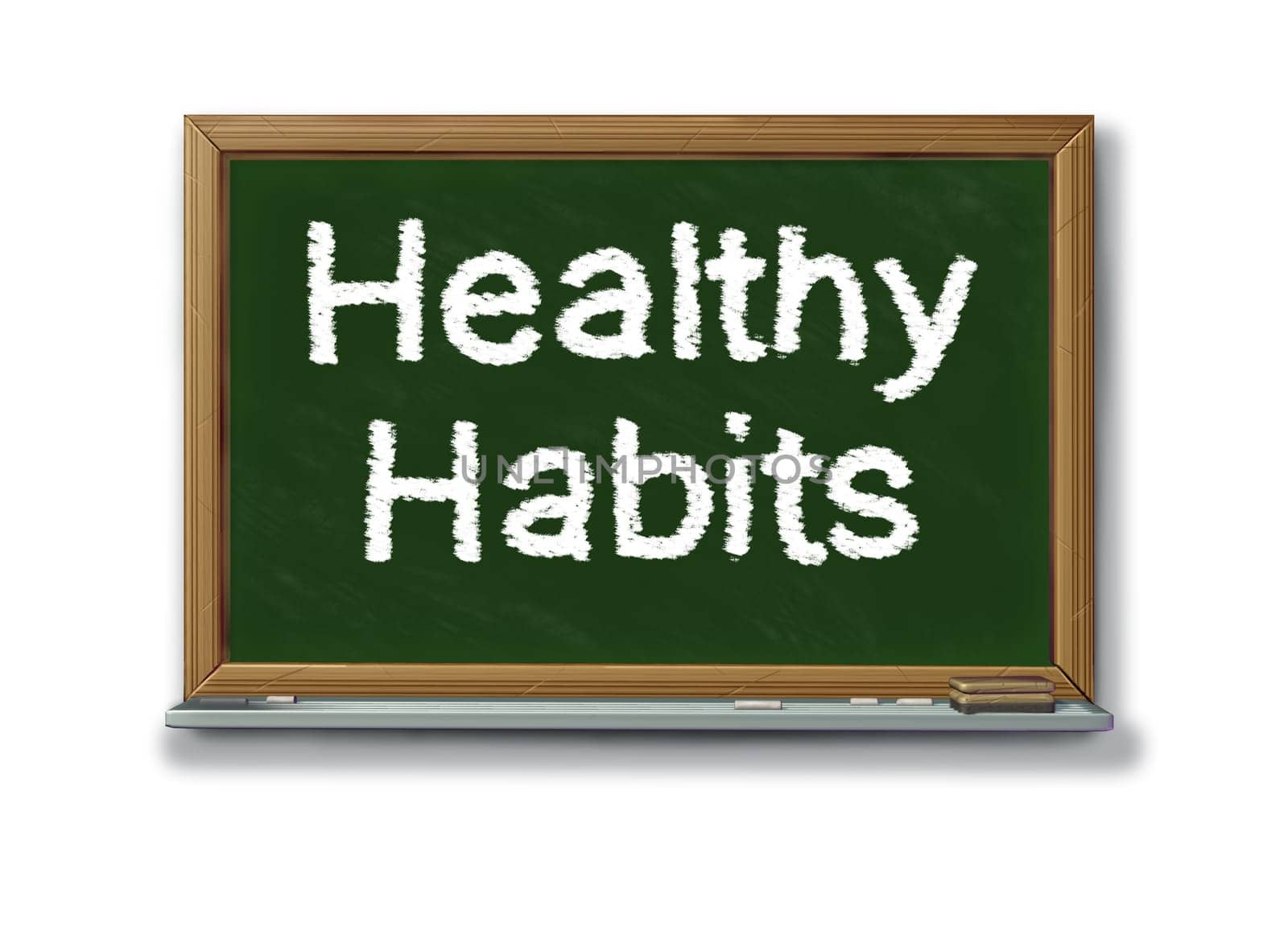 Healthy habits on a school black board representing the concept of good health oriented behavior routine that involves mental and phisical health choices for human well being and a successful lifestyle.