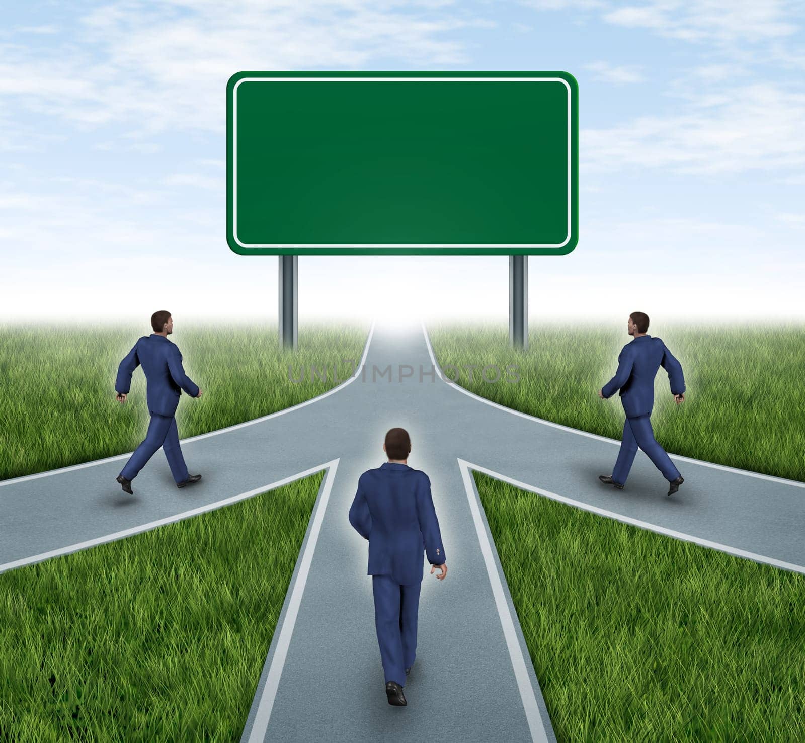 Teamwork with blank road sign mergers and partnerships converging on the same road as a team sharing the same strategy and vision for the success of a company by working together represented by three roads merging together into one.
