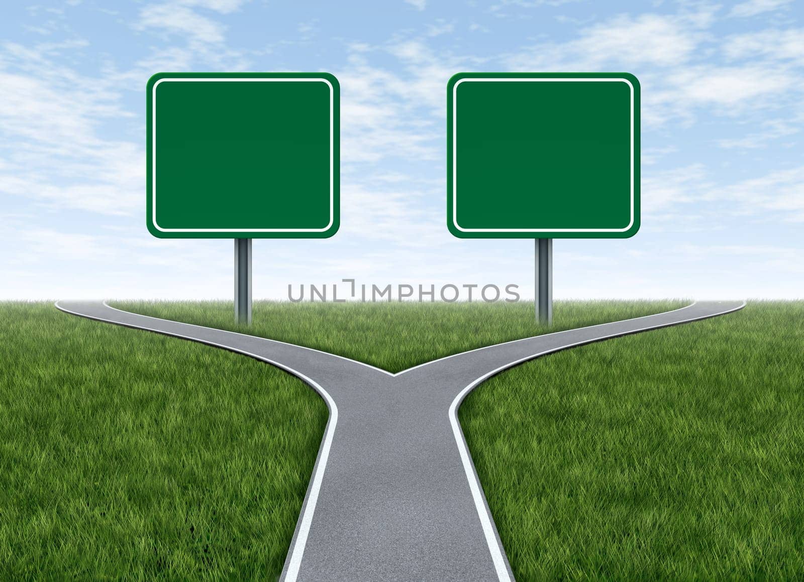 Two options with blank road signs facing a challenging decision symbol represented by a forked road for turning in the direction that is chosen after facing the difficult dilemma.