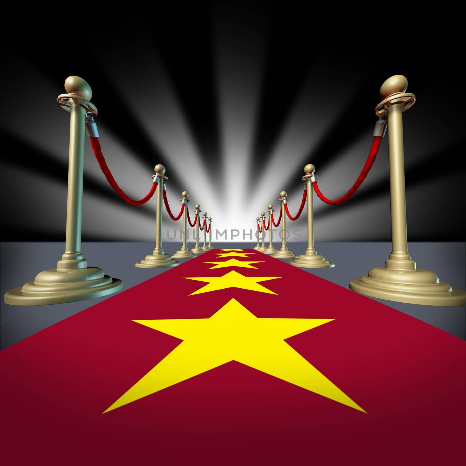 Hollywood red carpet with stars for a cinema premier and grand opening for movie stars with brass dividers and glowing light burst.