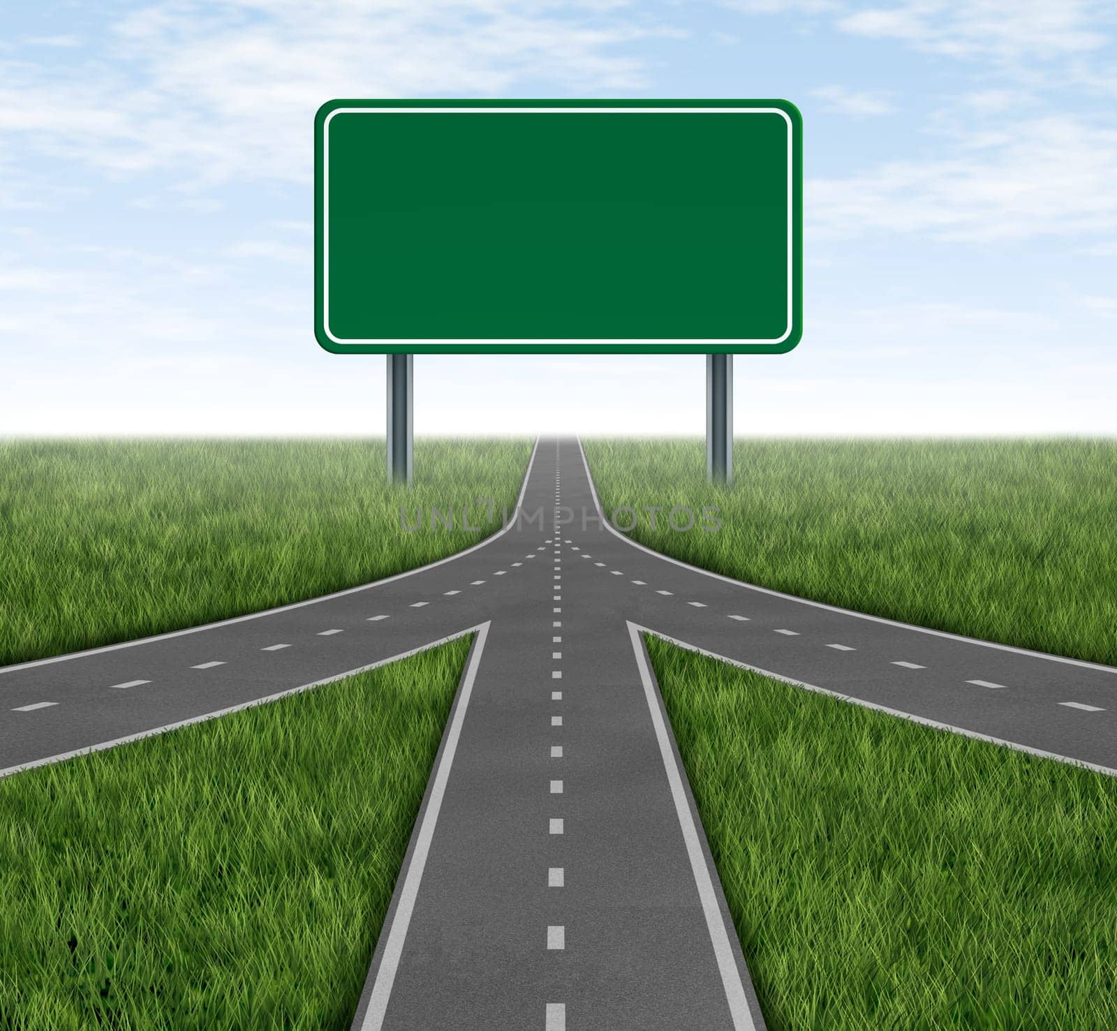 Teamwork and partnerships converging on the same road as a connected team sharing the same strategy and vision for the success of a company by working together as a conglomerate represented by three roads merging together into one with a blank highway sig