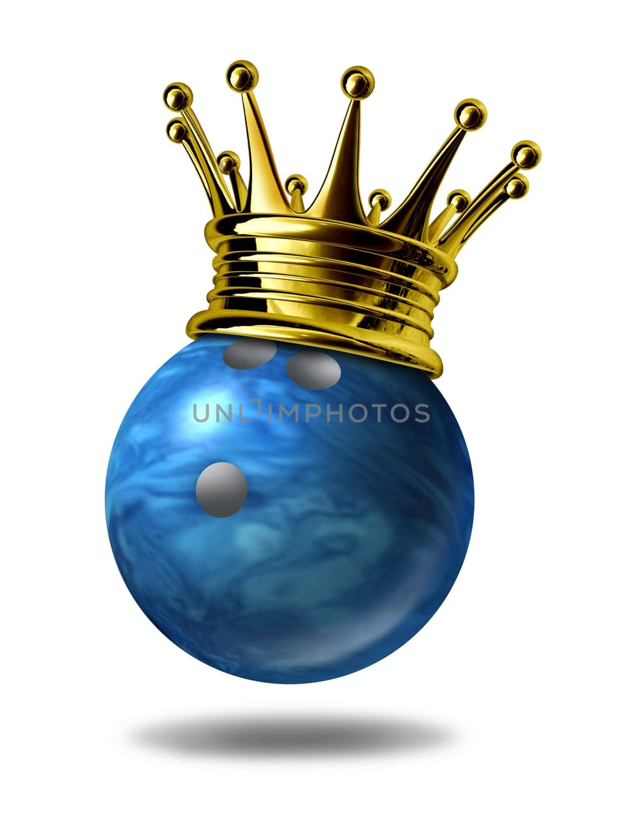 Bowling king champion symbol represented by a golden crown on a blue plastic marble bowling ball for bowlers representing the winning of a tournament or game at a bowling alley due to many strikes of the pins..