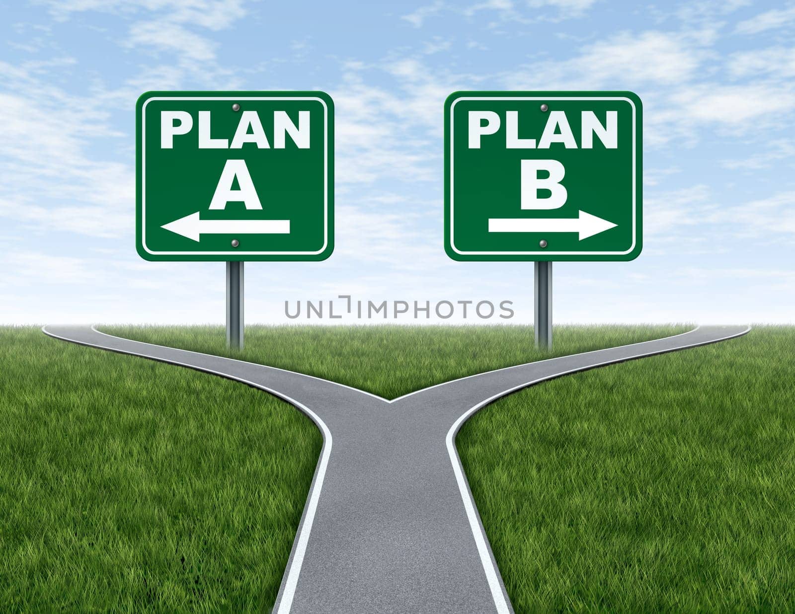 Cross roads with plan A plan B road signs business symbol represnting the difficult choices and challenges when selecting the right strategic path to take on a corporate decision.