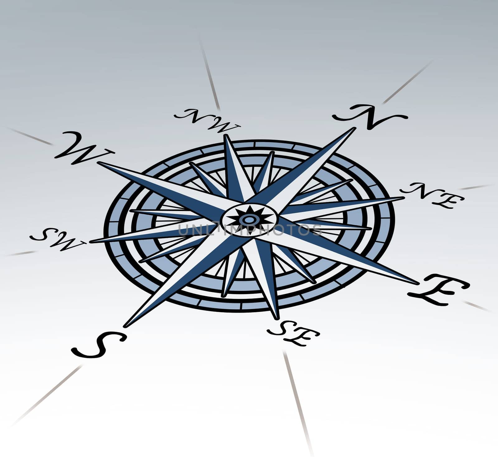 Compass rose in perspective on white background representing a cartography positioning direction symbol for navigation and setting a chart for exploration to the north south east or west.