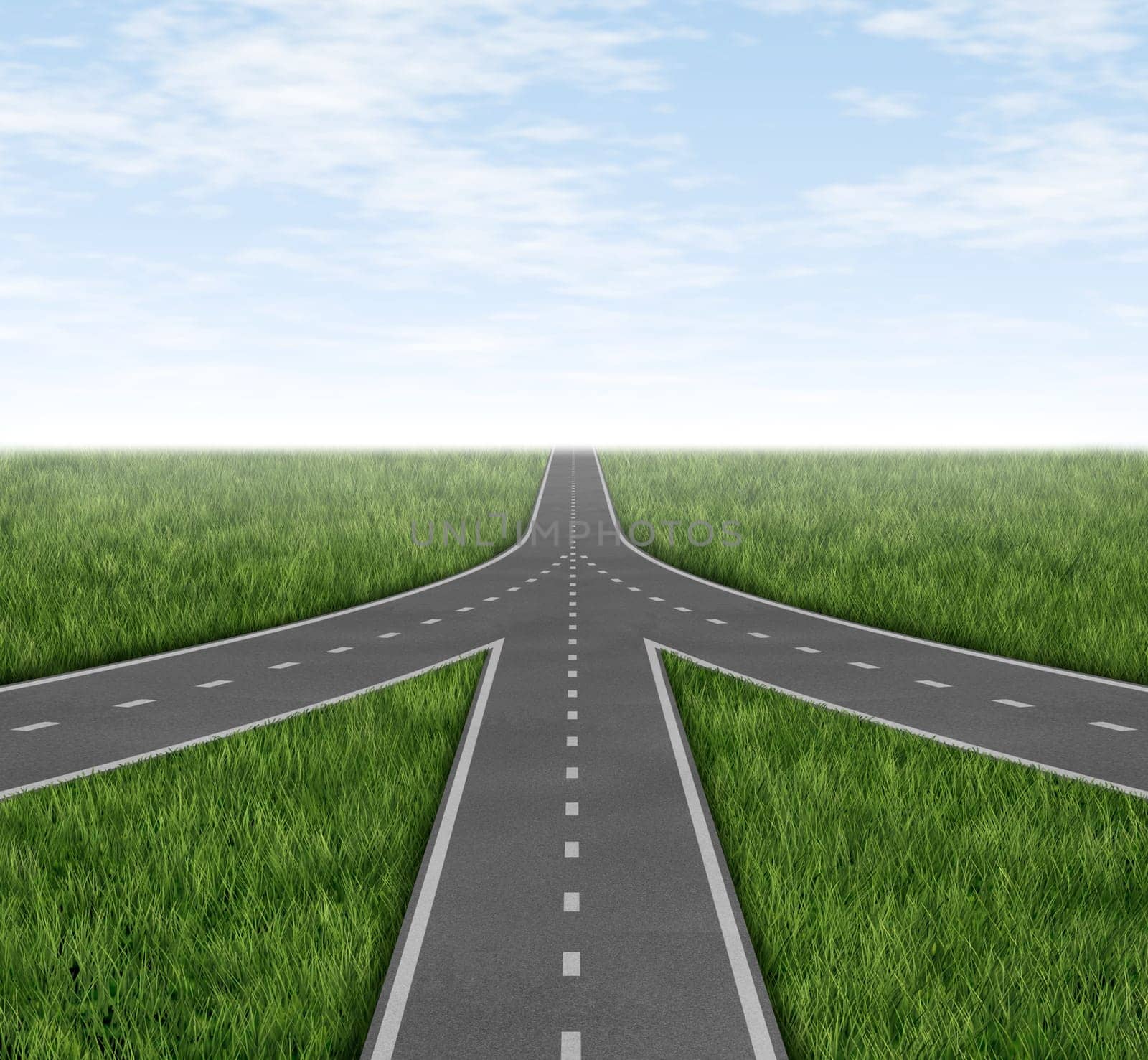 Connected and partnerships converging on the same road as a team sharing the same strategy and vision for the success of a company by working together as a conglomerate represented by three roads merging together into one with a sky and grass horizon.