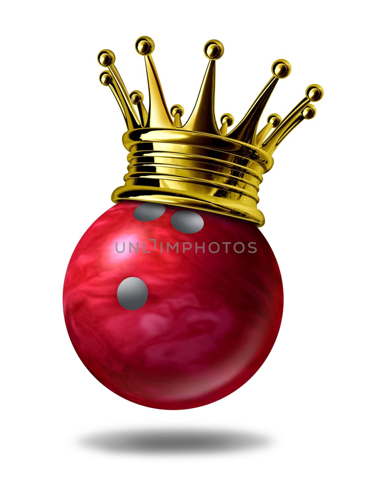 Bowling king champion symbol represented by a golden crown on a red plastic marble bowling ball for bowlers representing the winning of a tournament or game at a bowling alley due to many strikes of the pins..