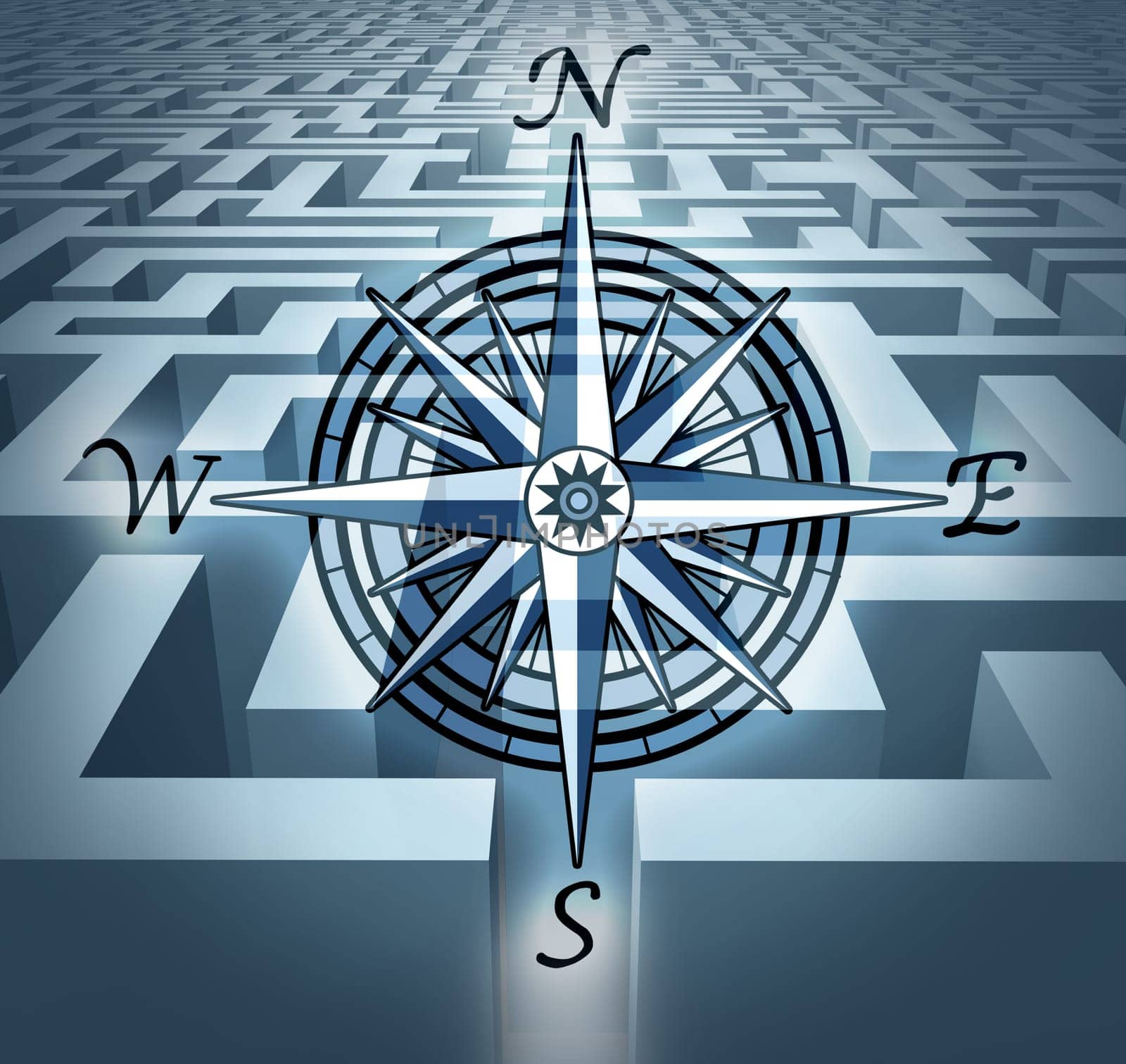 Navigating through challenges represented by a labyrinth maze  in 3D with a compass rose symbol showing the concept of business problem solving and solution oriented strategy and planning.