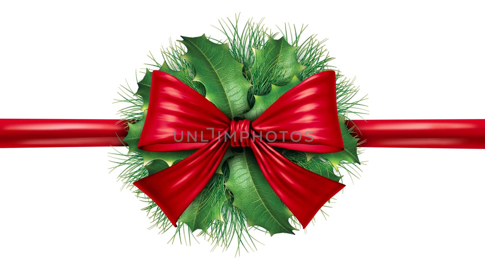 Red silk bow with pine border and circular ornamental holiday decoration for Christmas festive winter celebration on a white background.