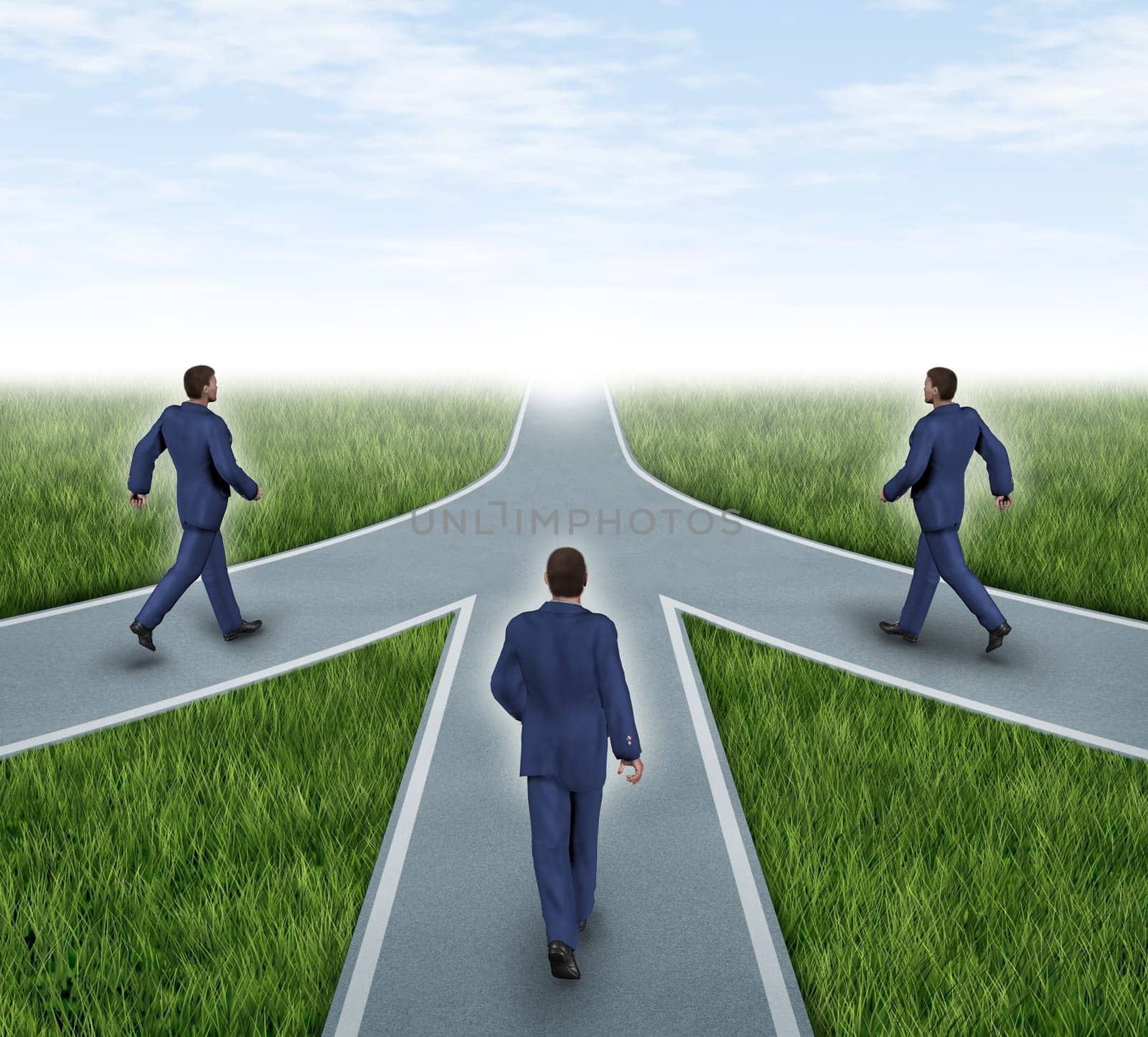 Mergers and partnerships with businessmen converging on the same road as a team sharing the same strategy and vision for the success of a company by working together as a conglomerate represented by three roads merging together into one.