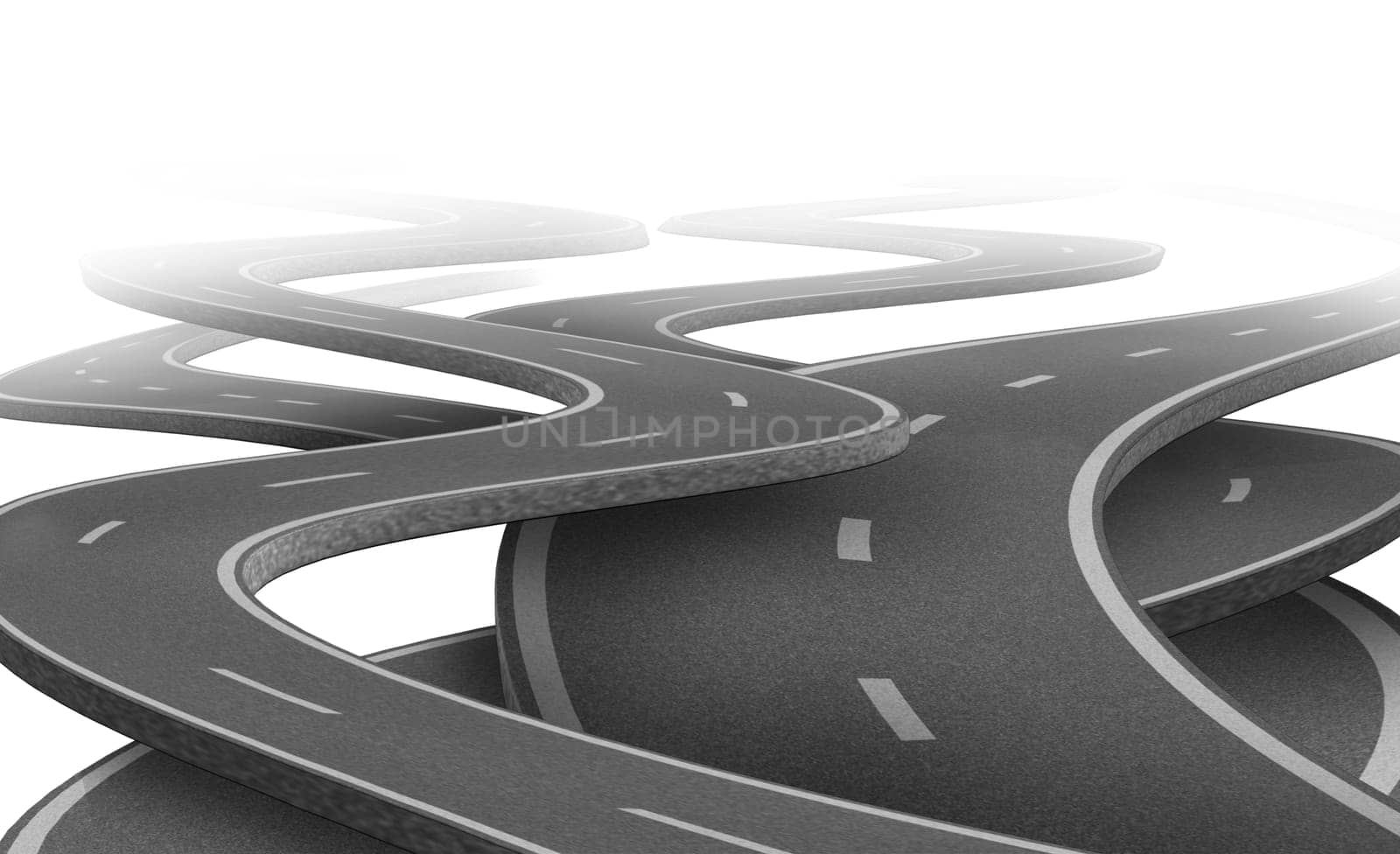 Uncertain path and future Strategy and choice representing dilemma and concept of choosing the right strategic path for business after planning represented by tangled roads and highways in a confused direction.