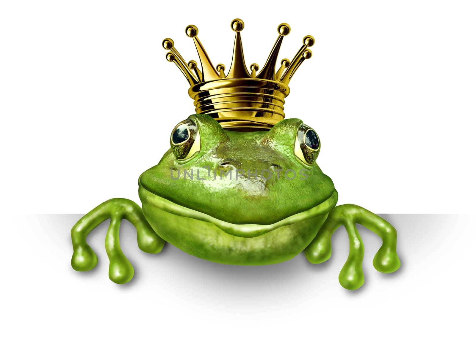 Frog prince with small gold crown holding a blank sign representing the fairy tale concept of change and transformation from an amphibian to royalty.