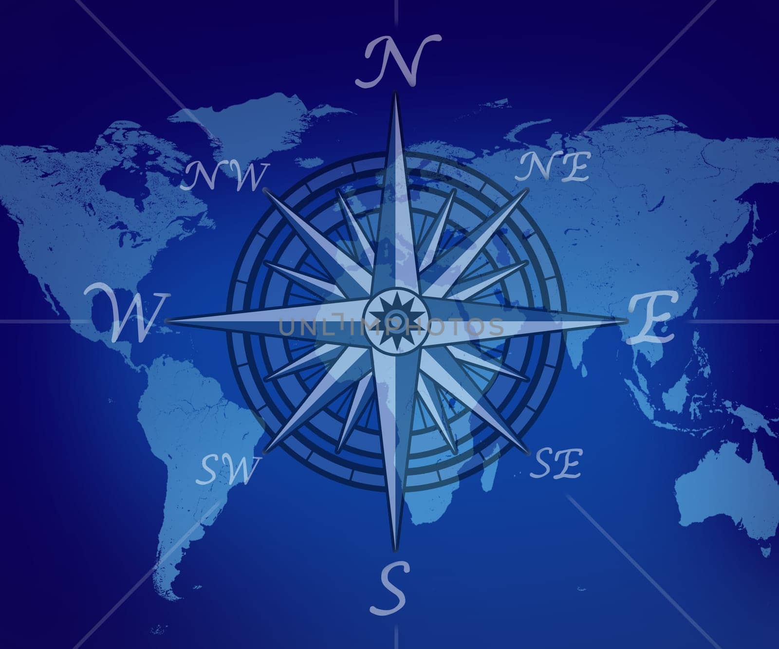 Map of the world with compass on blue background representing travel and business traveling journey for navigating to new global trading opportunities with the world.