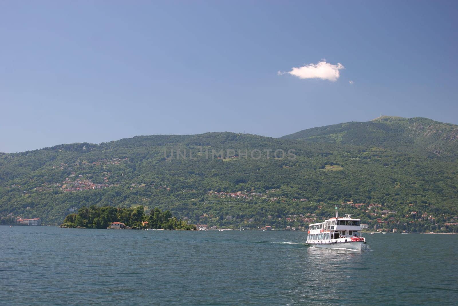 Excursion boat on Lake Maggiore,view from Verbania towards Mottarone