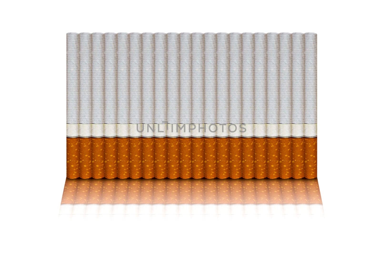 row of twenty cigarettes isolated on white background