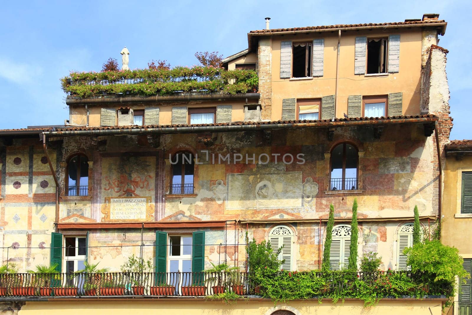 Picturesque house façade at Piazza delle Erbe,Verona,Italy