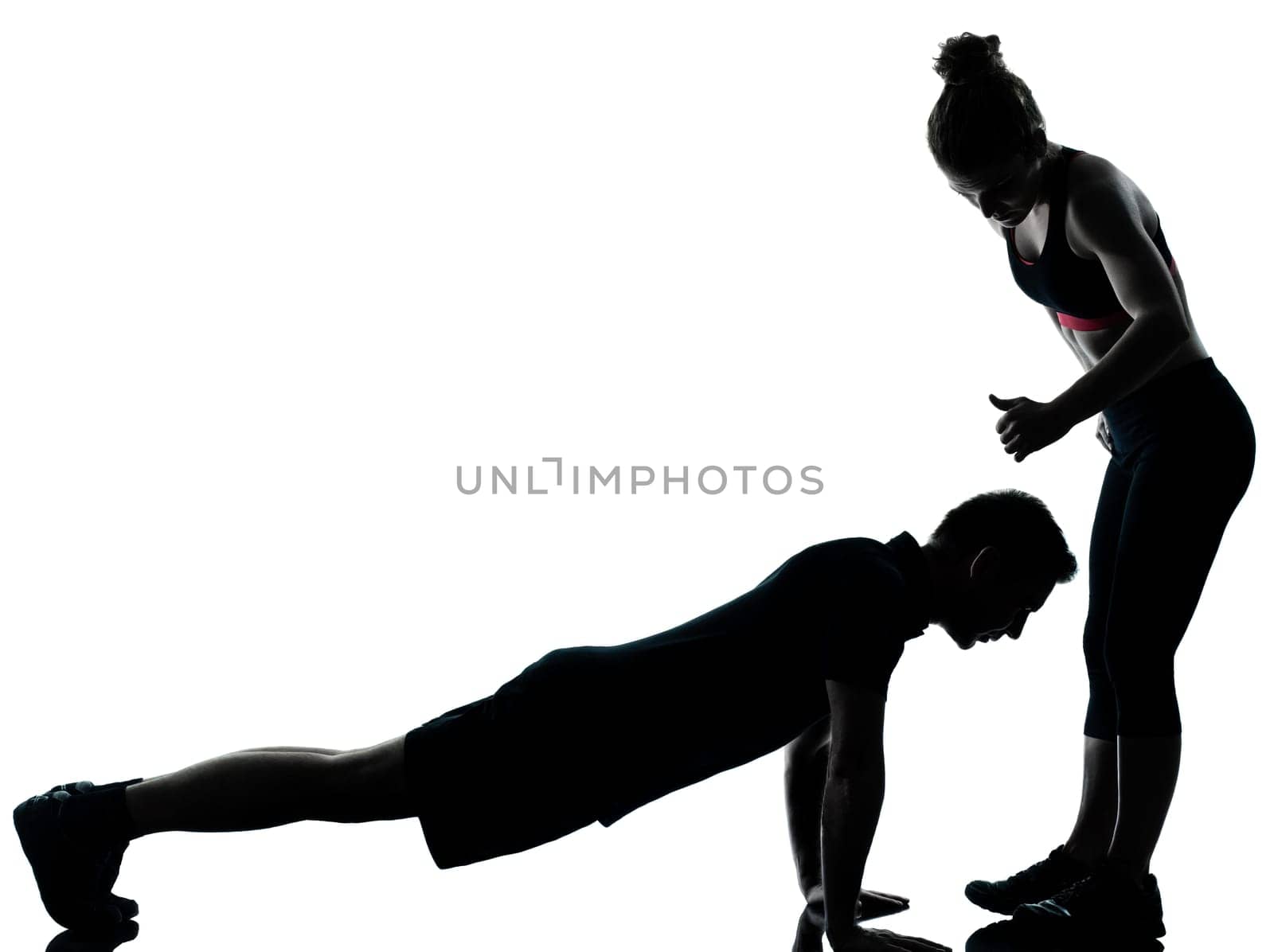 one couple man woman exercising workout aerobic fitness posture full length silhouette on studio isolated on white background