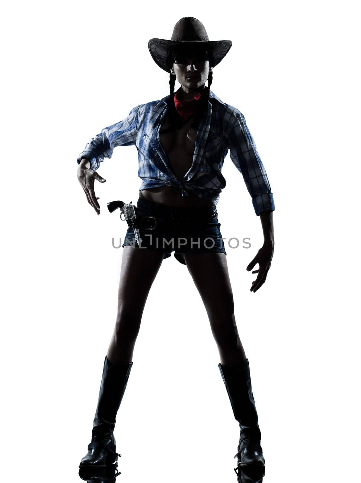 one woman cowgirl  shooting gun revolver studio isolated on white background