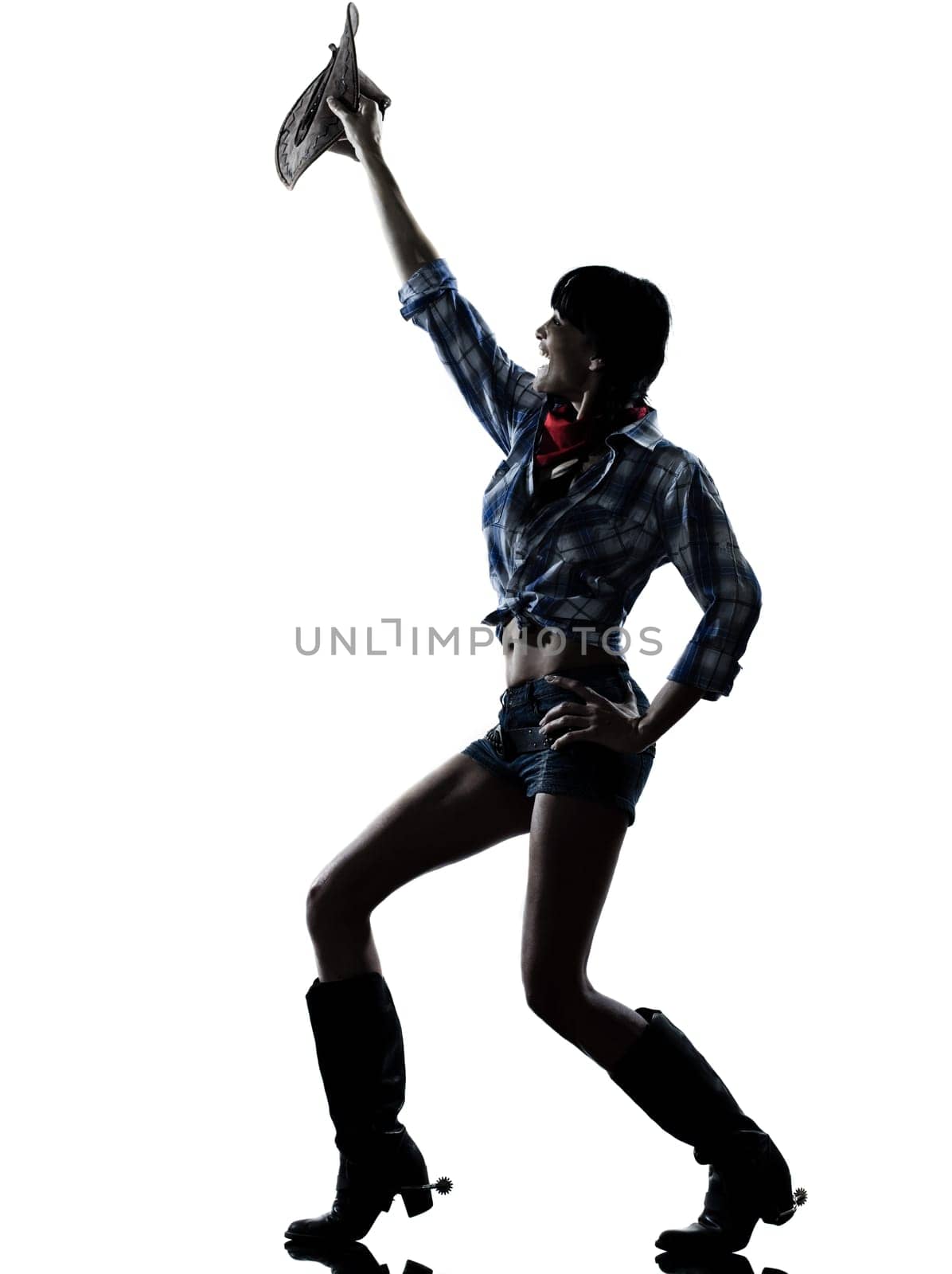 one woman cowgirl  dancer happy dancing country music in studio isolated on white background
