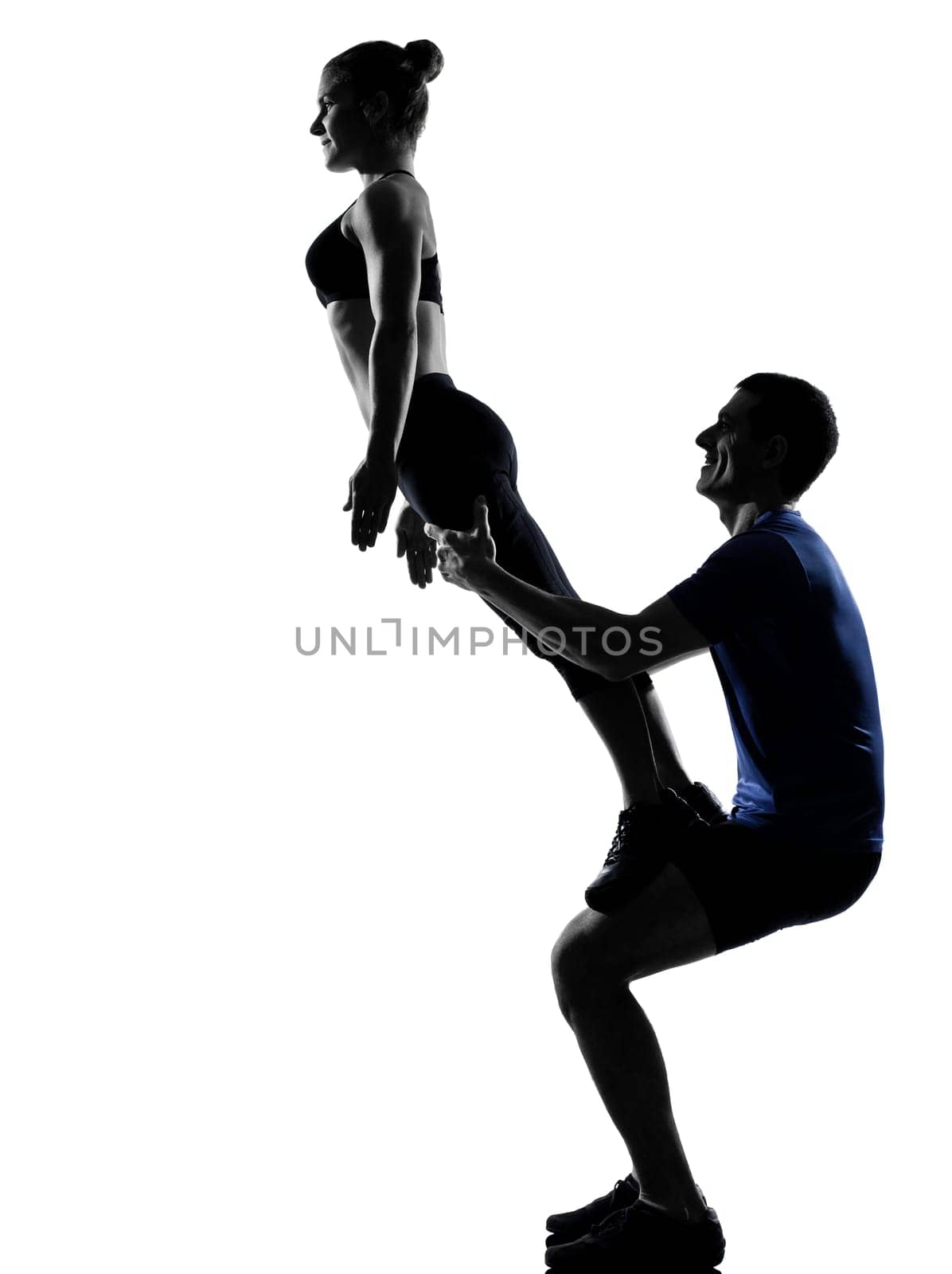 couple woman man exercising workout fitness aerobics posture in silhouette studio isolated on white background