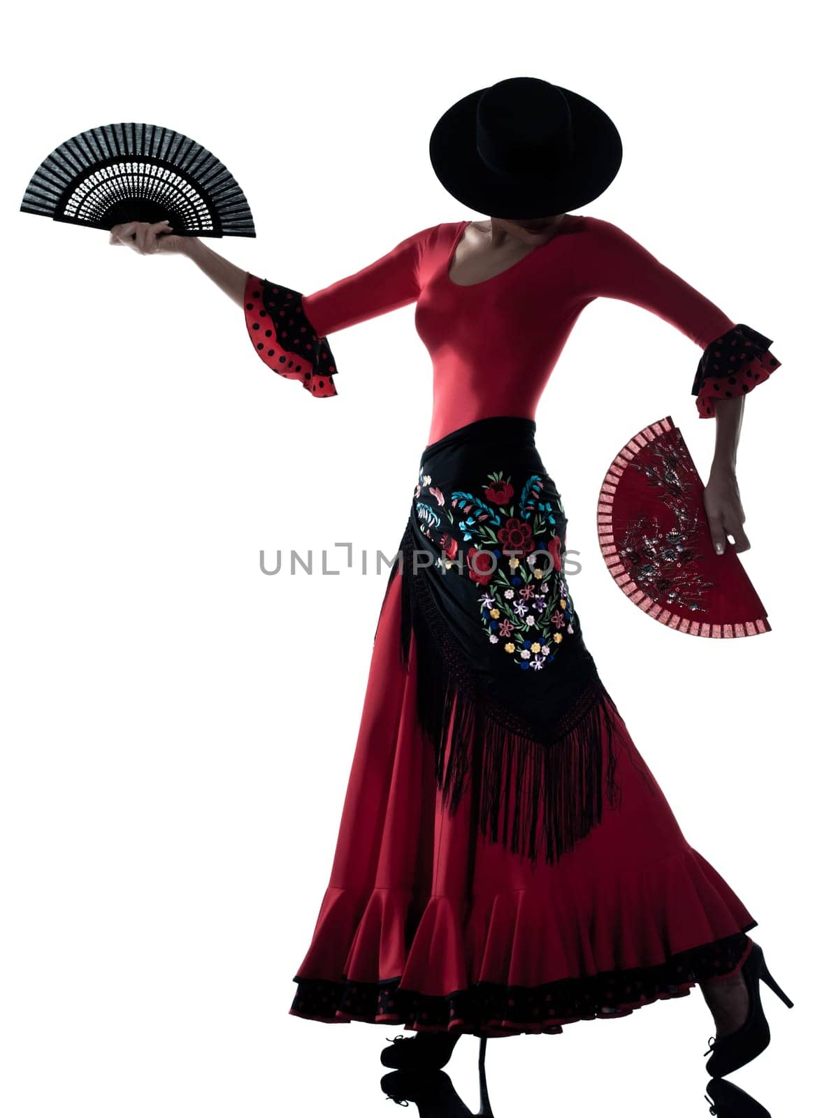 one woman gypsy flamenco dancing dancer on studio isolated white background