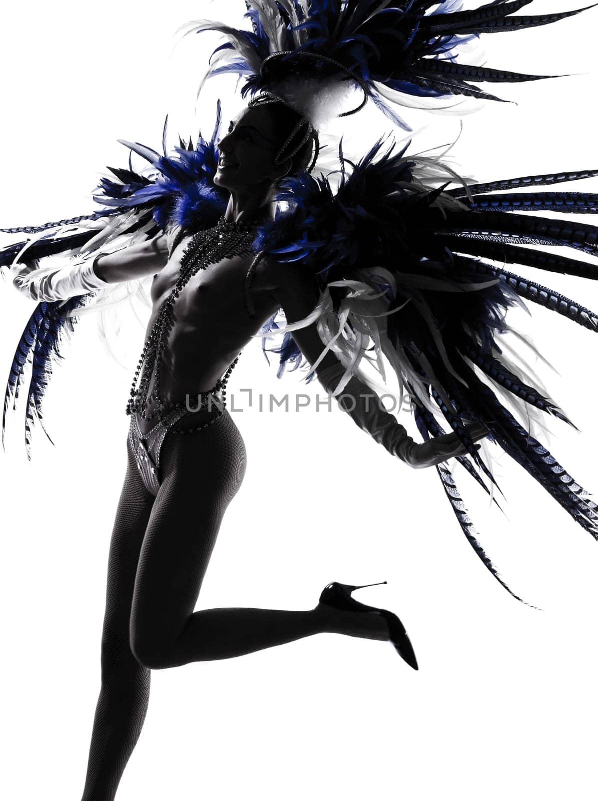 woman showgirl dancer revue dancing in studio isolated on white background