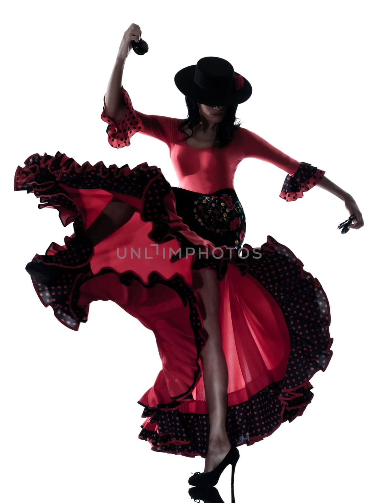one woman gypsy flamenco dancing dancer on studio isolated white background