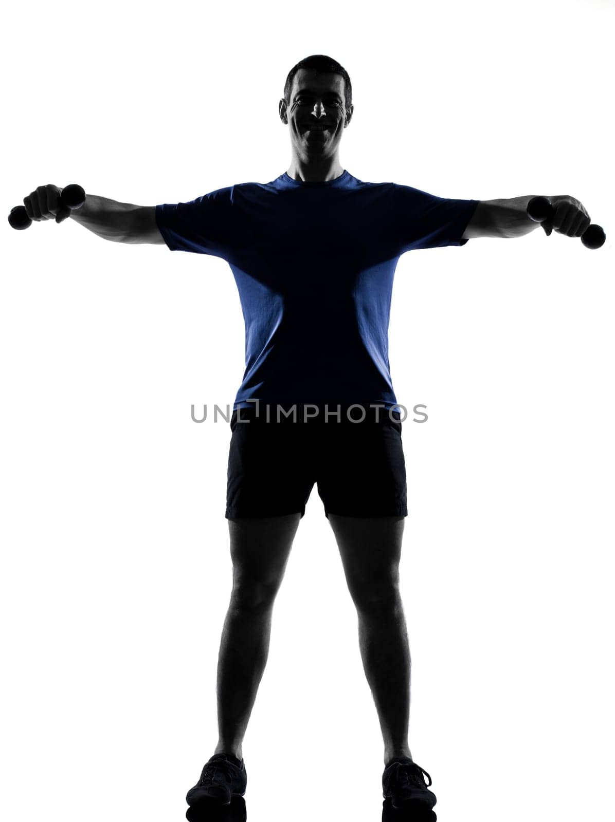 man exercising workout fitness aerobics posture in silhouette studio isolated on white background