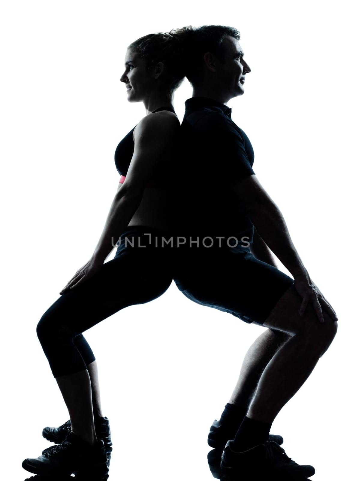 one couple man woman exercising workout aerobic fitness posture full length silhouette on studio isolated on white background