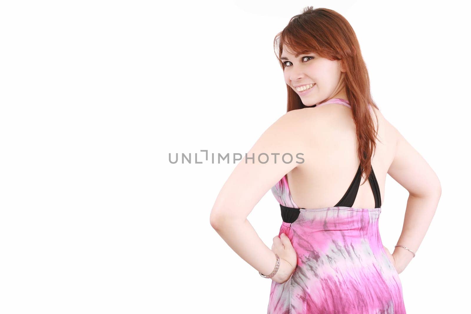 attractive woman in evening dress, young woman in a evening dress with open spine, passion latino girl in sexy gown, on white background
