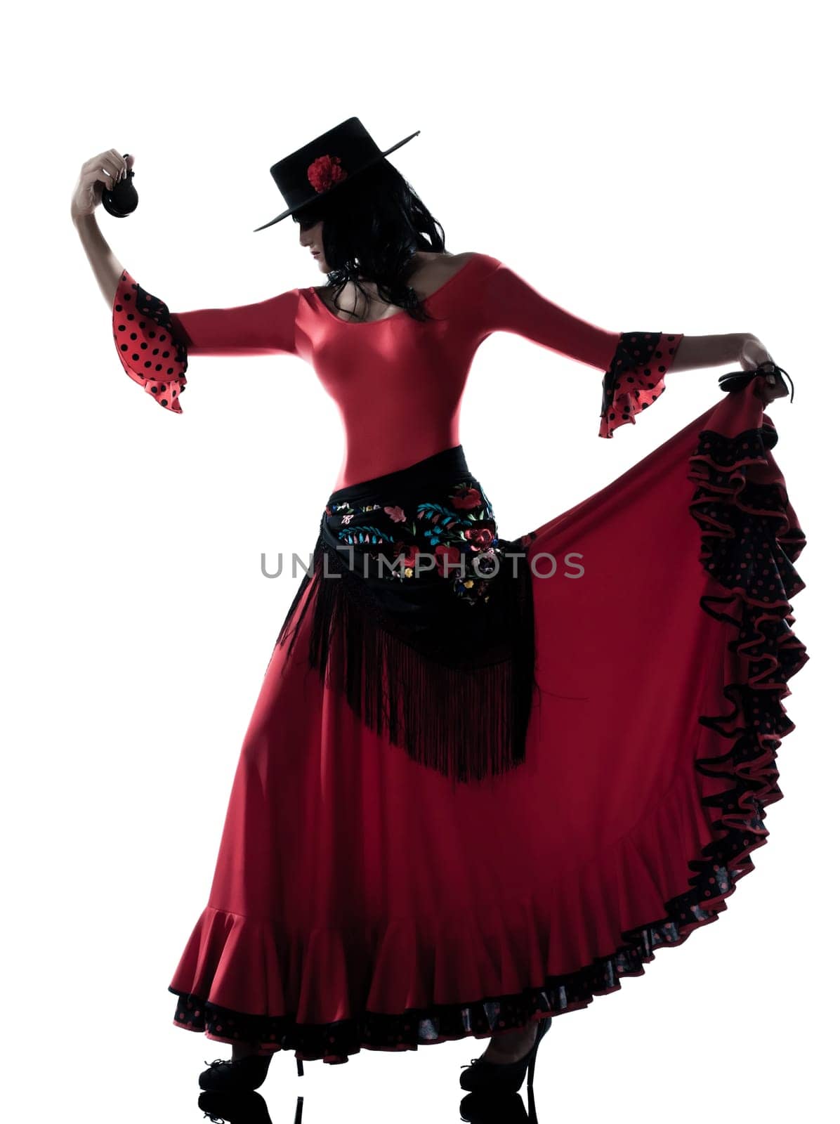 one woman gypsy flamenco dancing dancer on studio isolated white background