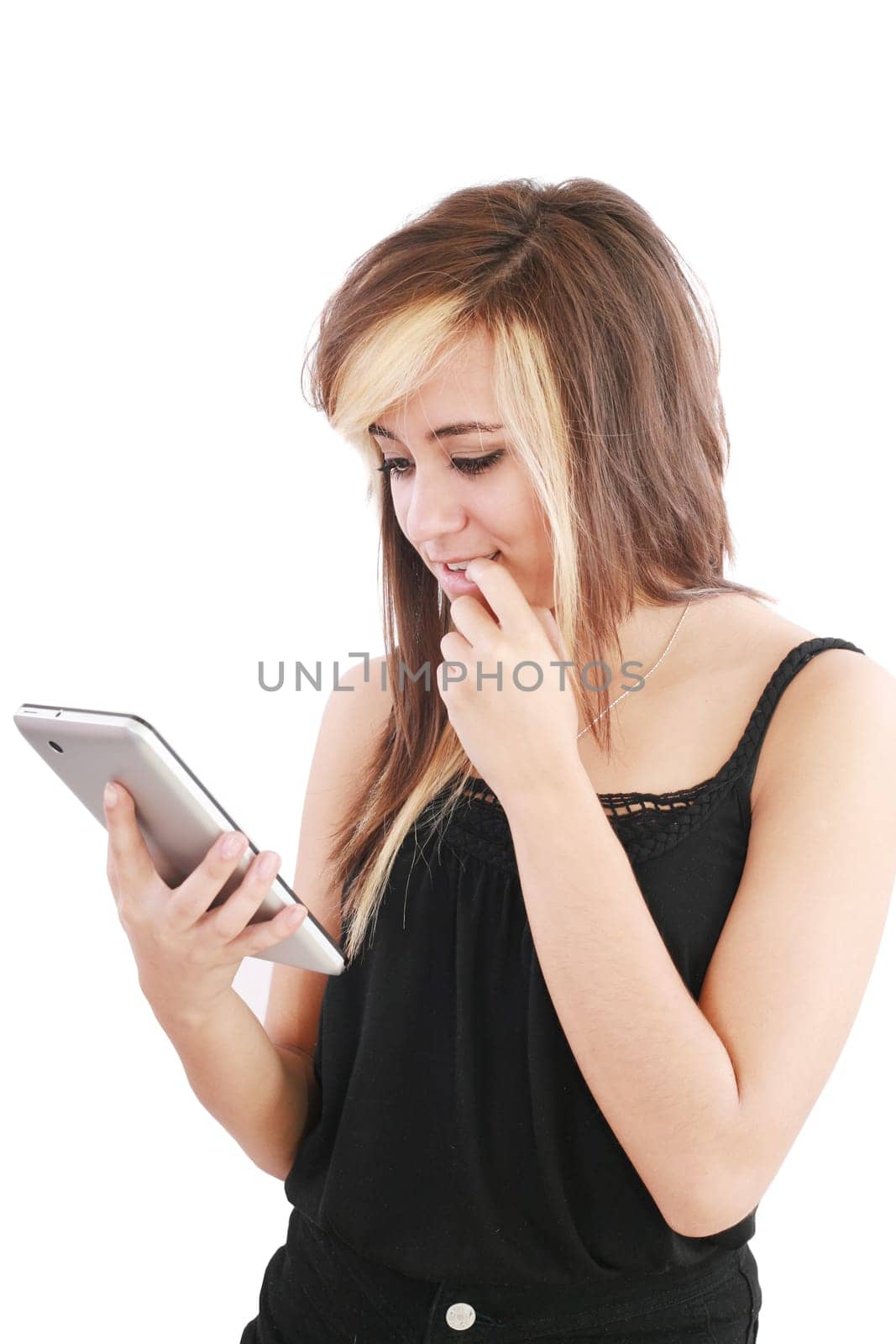 woman holding new electronic tablet touch pad computer pc and thinking about idea, one hand touches the digital screen isolated on a white background