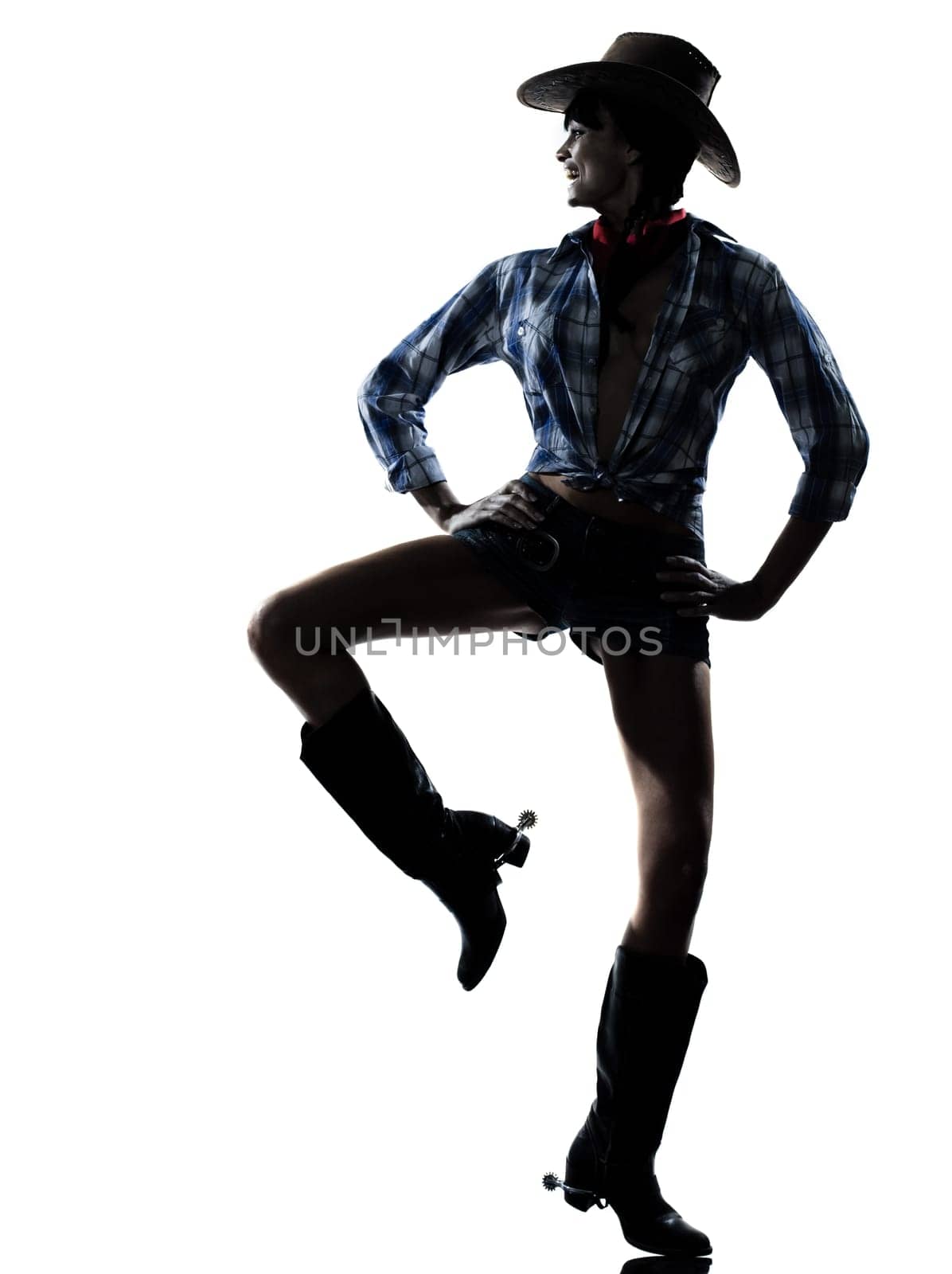 one woman cowgirl  dancer happy dancing country music in studio isolated on white background