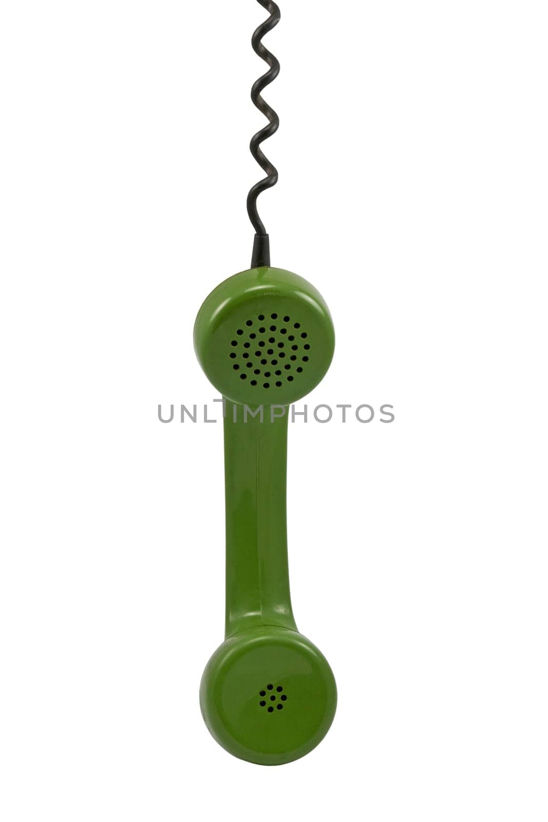 green telephone receiver with cord on white background