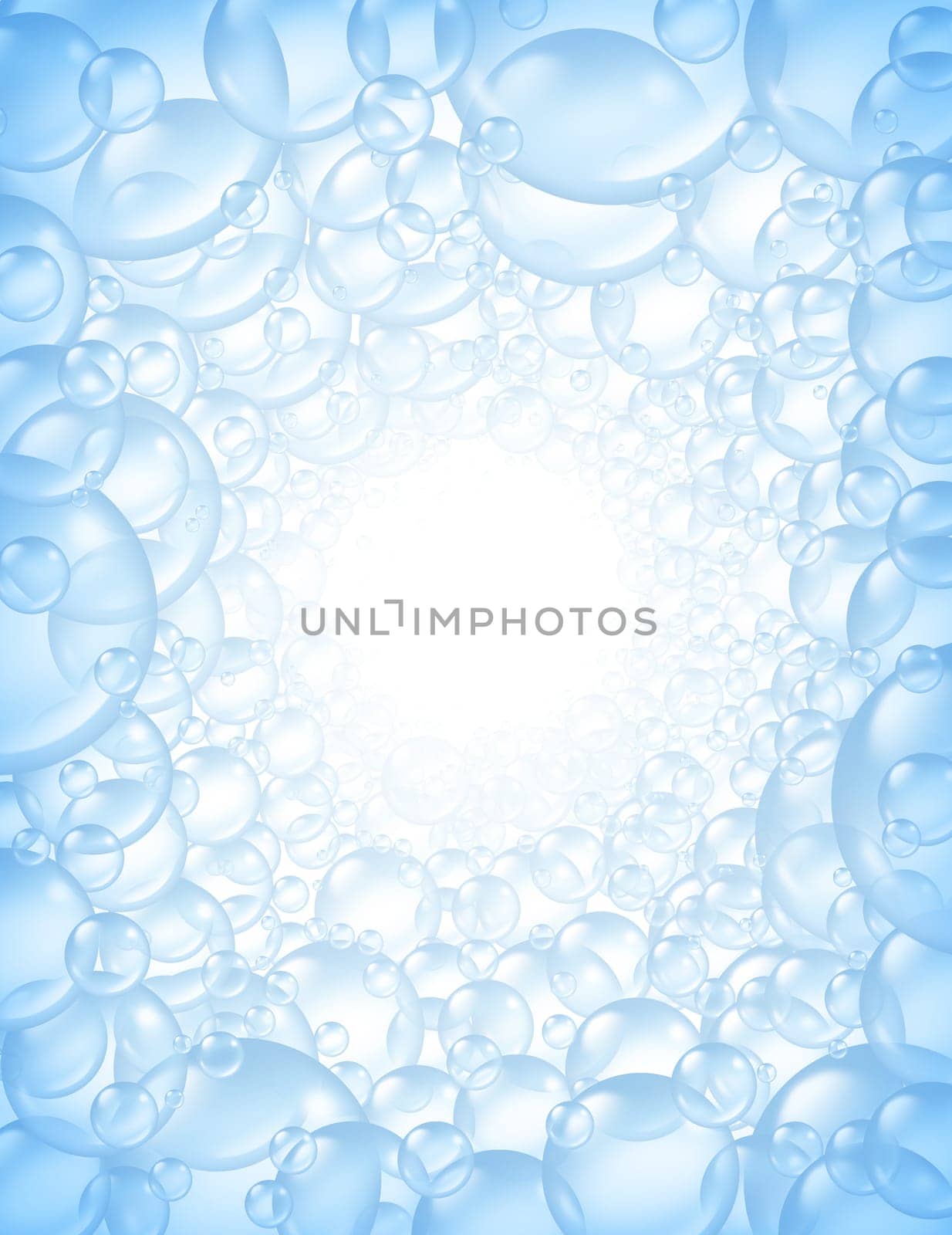 Bubbles background in perspective with center glow and transparent bath soap suds with bunch of foam spheres in many circular sizes floating as clean blue symbols of washing and bath freshness.