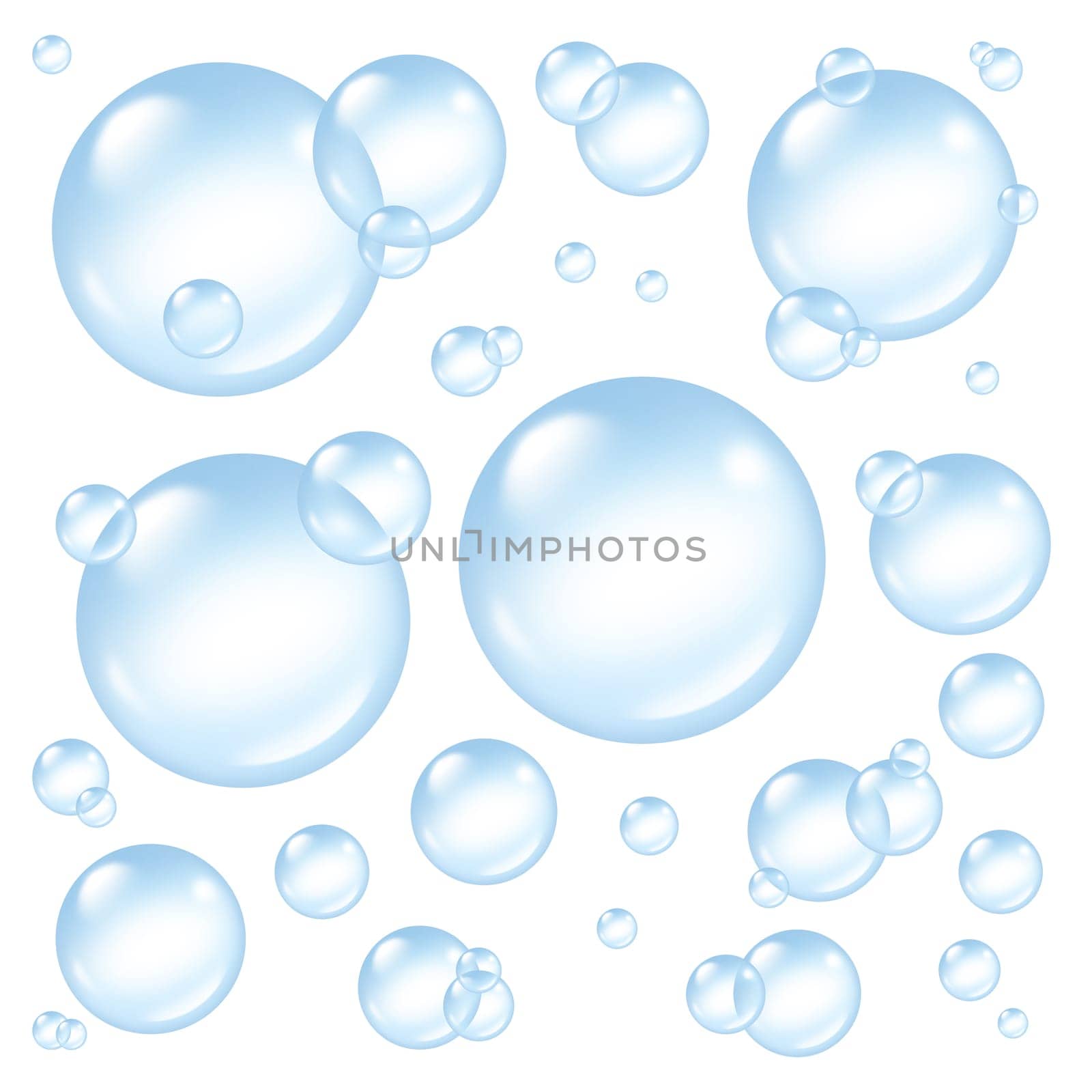 Bubbles and transparent soap sud  bubble composition with a soap suds in many circular sizes in the air floating as clean blue symbols of washing and freshness.