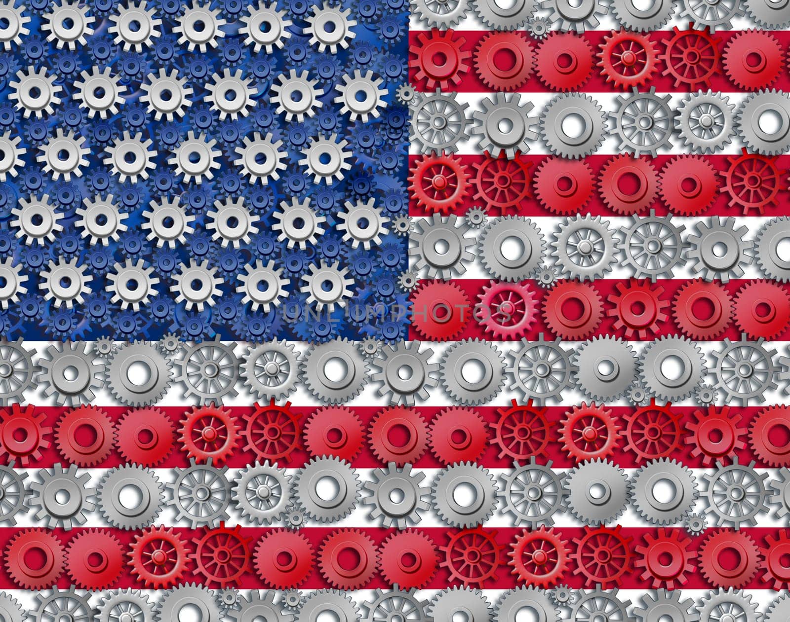 American economy symbol represented by gears and cogs in the shape and color of the flag of the U.S.A. showing industry business and manufacturing working together as a team in the continental U.S.