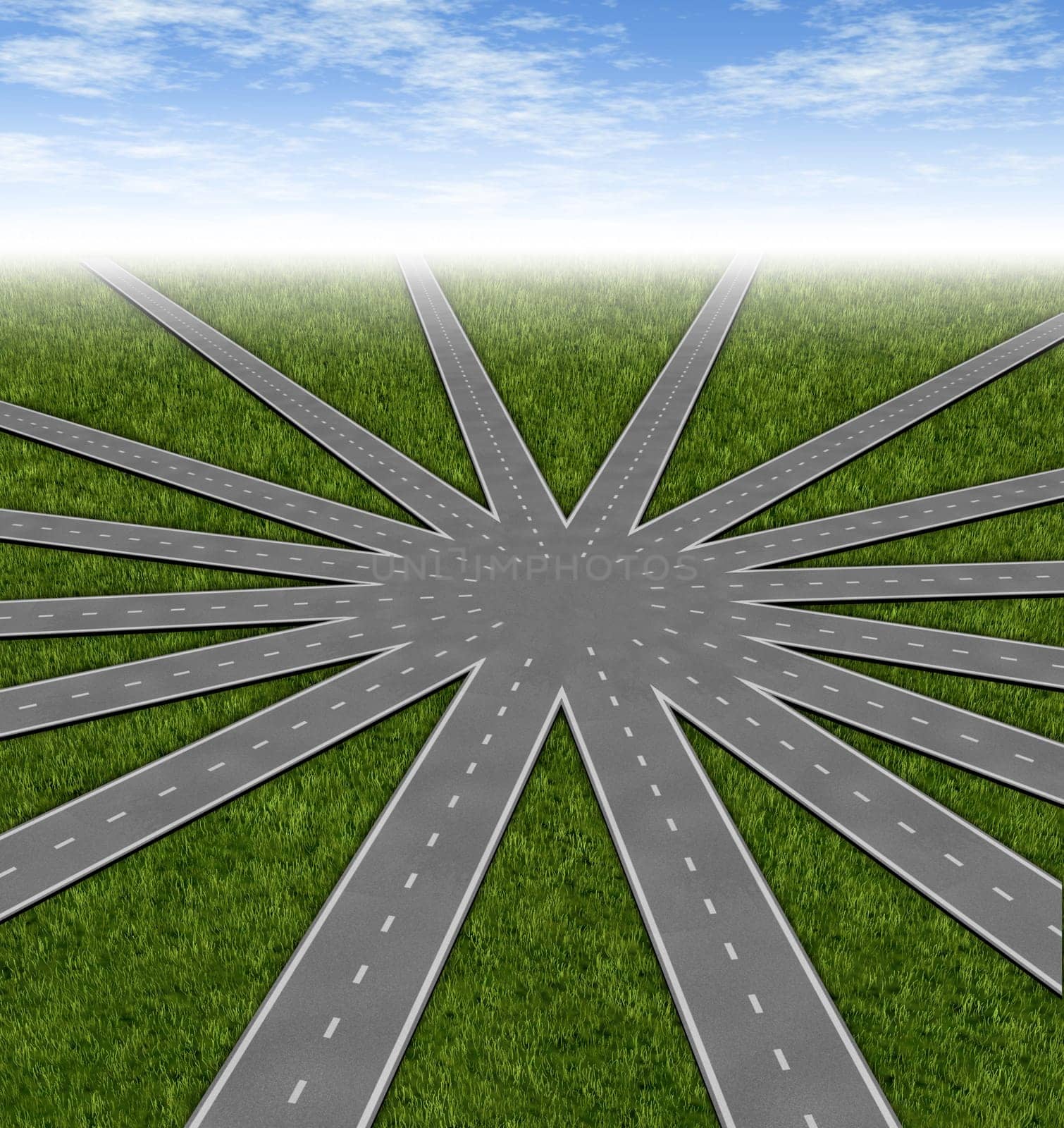 Choices and strategies symbol represented by a network of roads and highways merging to a center point showing many options and paths available to a team and common goals vision and a multiple paths to a unified strategy.