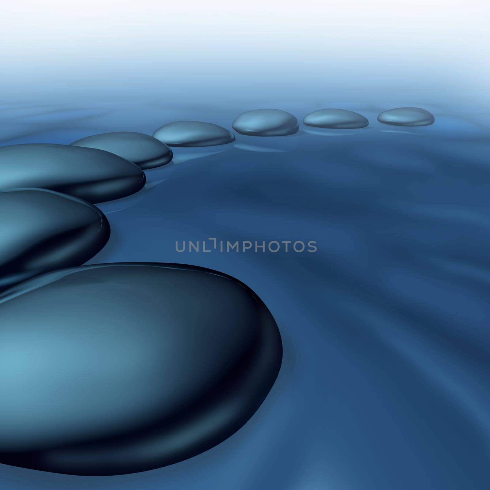 Pebbles in water as a symbol of tranquility and balance in spirituality and zen wellbeing as a healthy lifestyle for alternative meditation medicine in a spa treatment with fog like mist and steam.