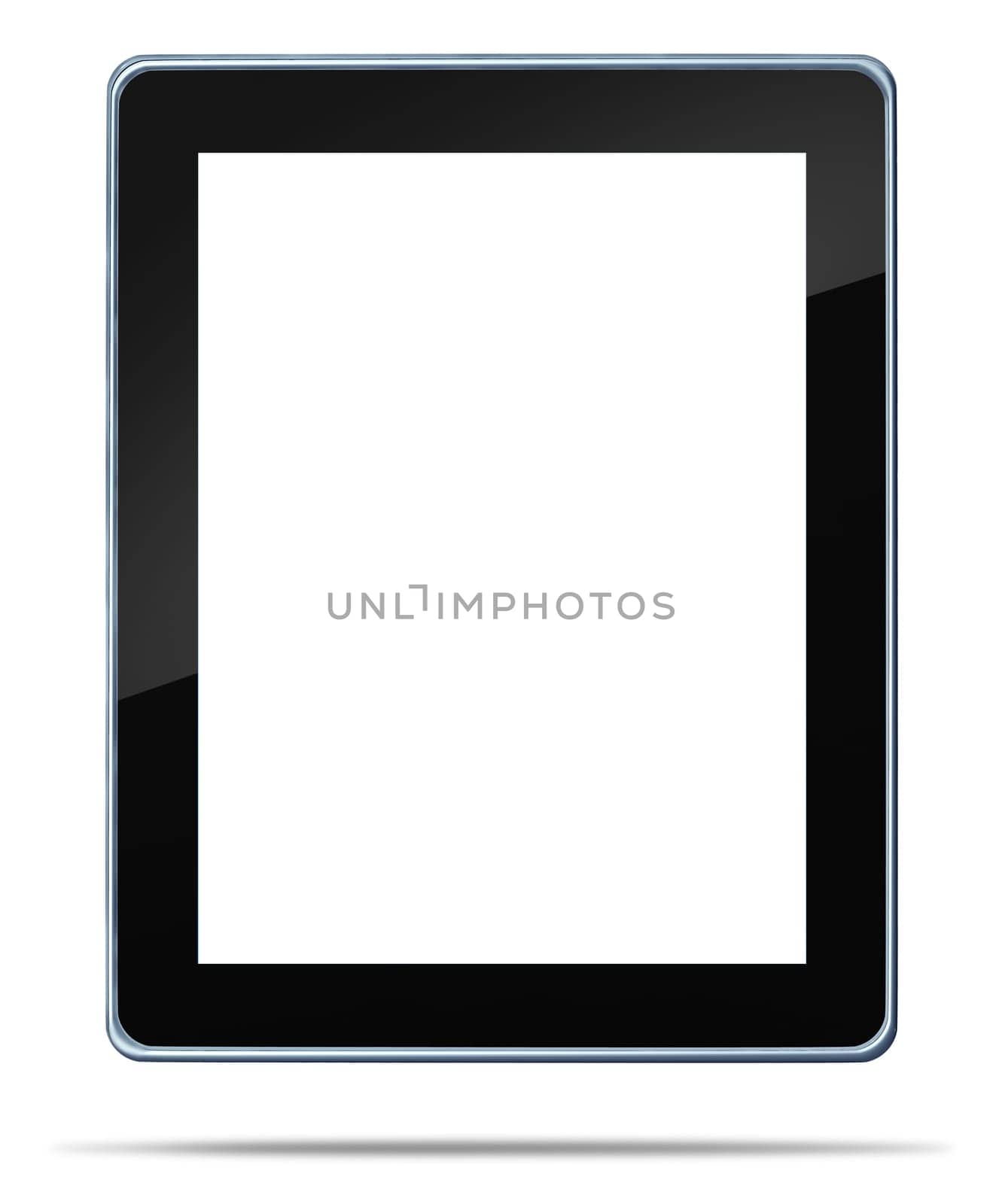 Tablet computer with a blank white digital display touch screen as an  electronic gadget on a white background and shadow symbol of technology concept of computing media tool for digital content distribution for music e-books movies and internet browsing.