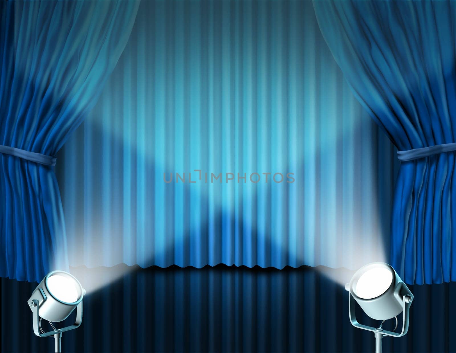 Theater stage with spotlights on blue velvet cinema curtain and drapes representing the entertainment communications concept of an important announcement in a rich cinema and theater environment.
