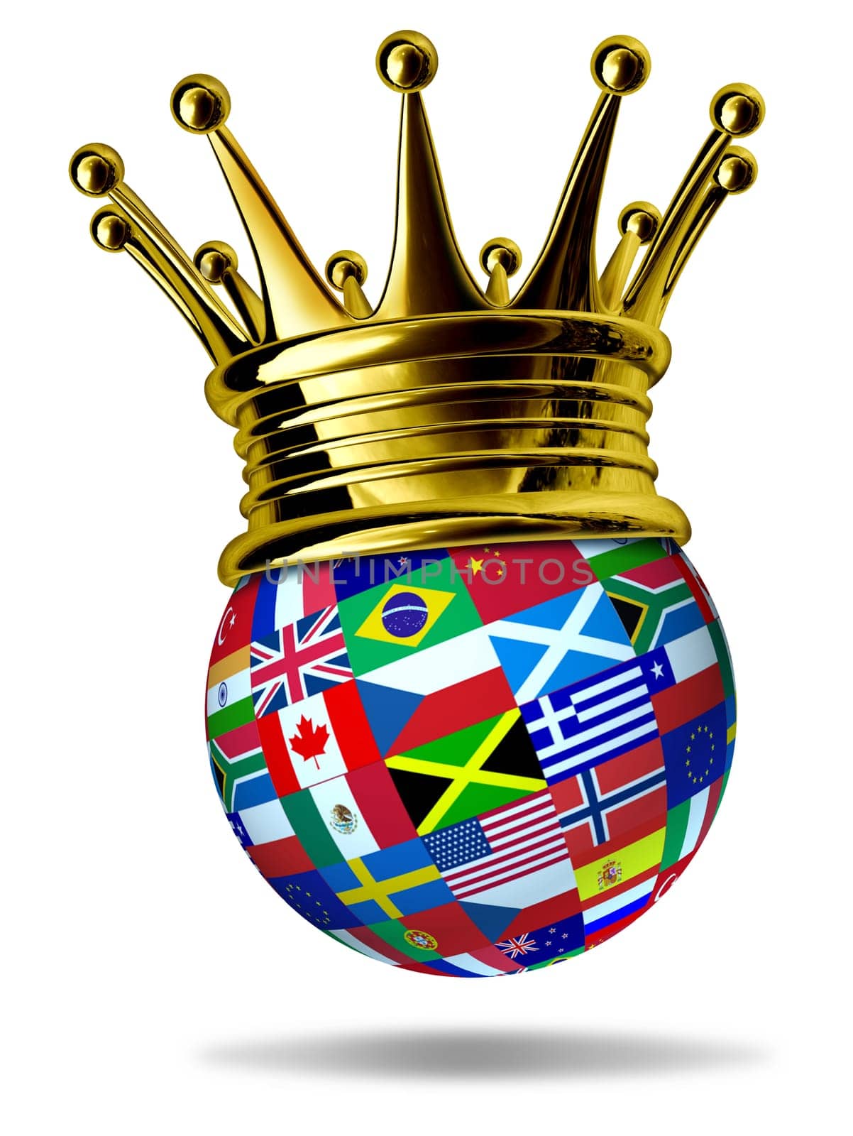 World leader with global flags with countries as United States,England,Europe,Italy,Greece,China with a gold crown representing leadership and victory in international trade and world business.