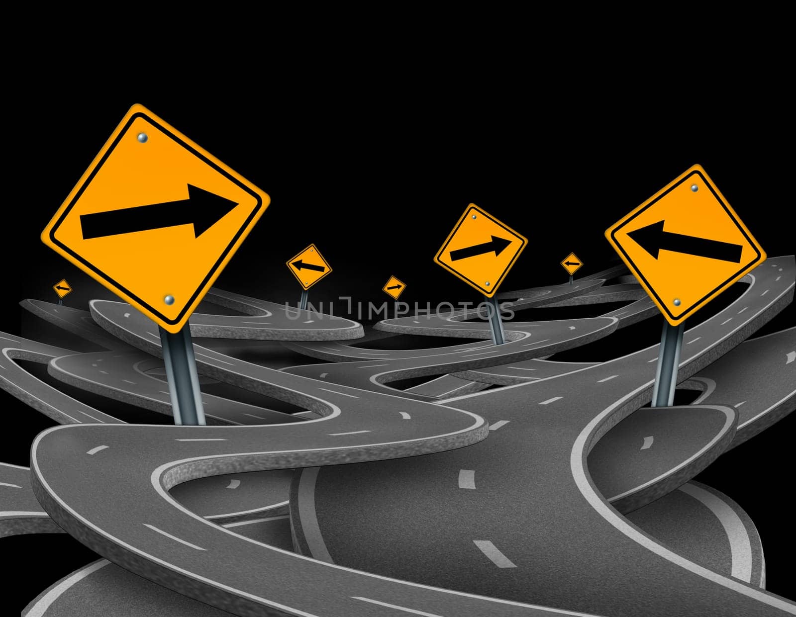 Staying on course symbol  representing dilemma and concept of losing control and strategic journey choosing the right strategic path for business with traffic signs tangled roads and highways in a confused direction.