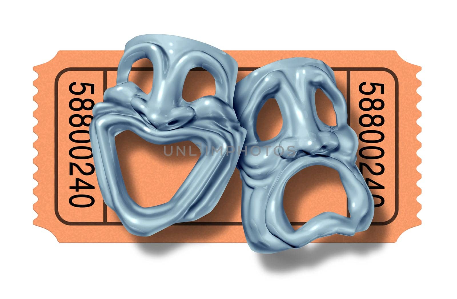 Movie ticket stub with silver comedy and tragedy masks symbol represented by two theatrical expressions with one face smiling and happy and another feeling sad and unhappy as a symbol of theater and cinema entrance admission fee.